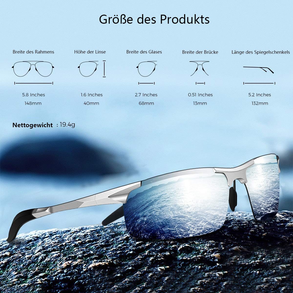 Herren Sonnenbrille Metallrahmen Sportbrille Sonnenbrille Jormftte Polarisiert Silber UV400