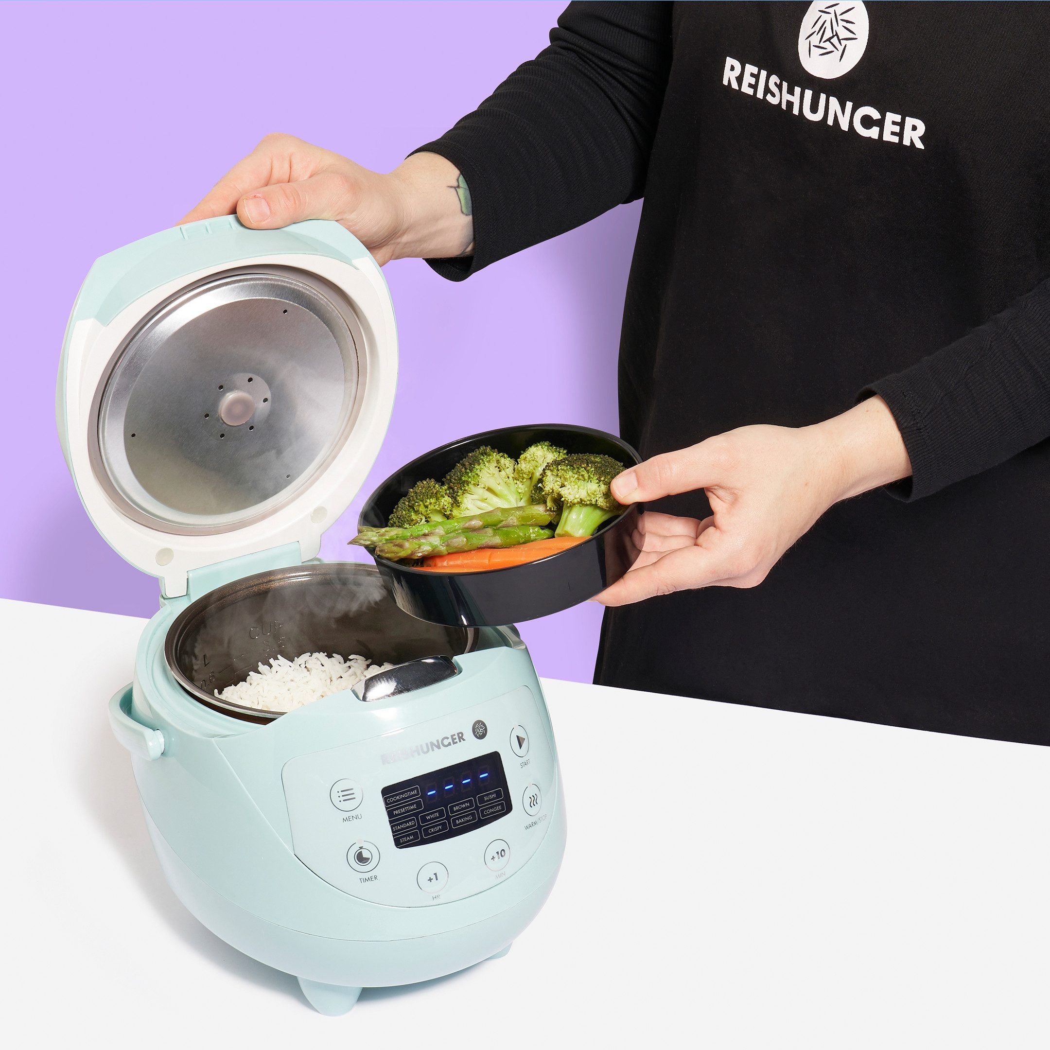 Reishunger Reiskocher - Digitaler Mini Reiskocher, 350 W, Dämpfeinsatz, Messbecher, Reislöffel, Timer- und Warmhaltefunktion