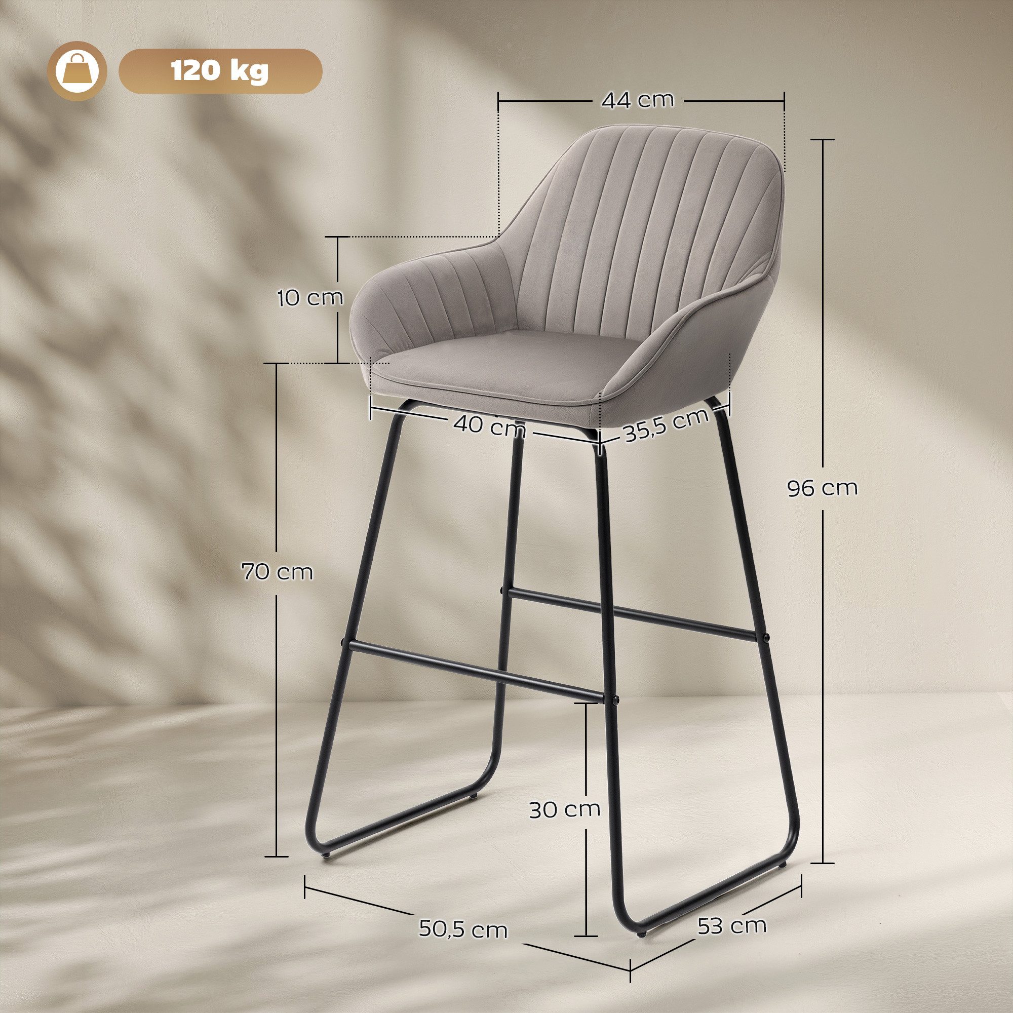 HOMCOM Barhocker mit Stoffbezug, Metallbeinen (Polsterhocker, 2 St., 2er-Set Barstühle), 50,5 x 53 x 96 cm, Grau