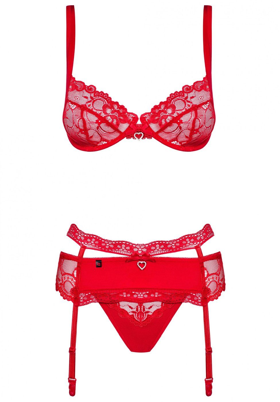 Obsessive Set: Bügel-BH Heartina Dessous-Set: BH, String und Strumpfhalter - rot (3-tlg) aus geblümter Spitze