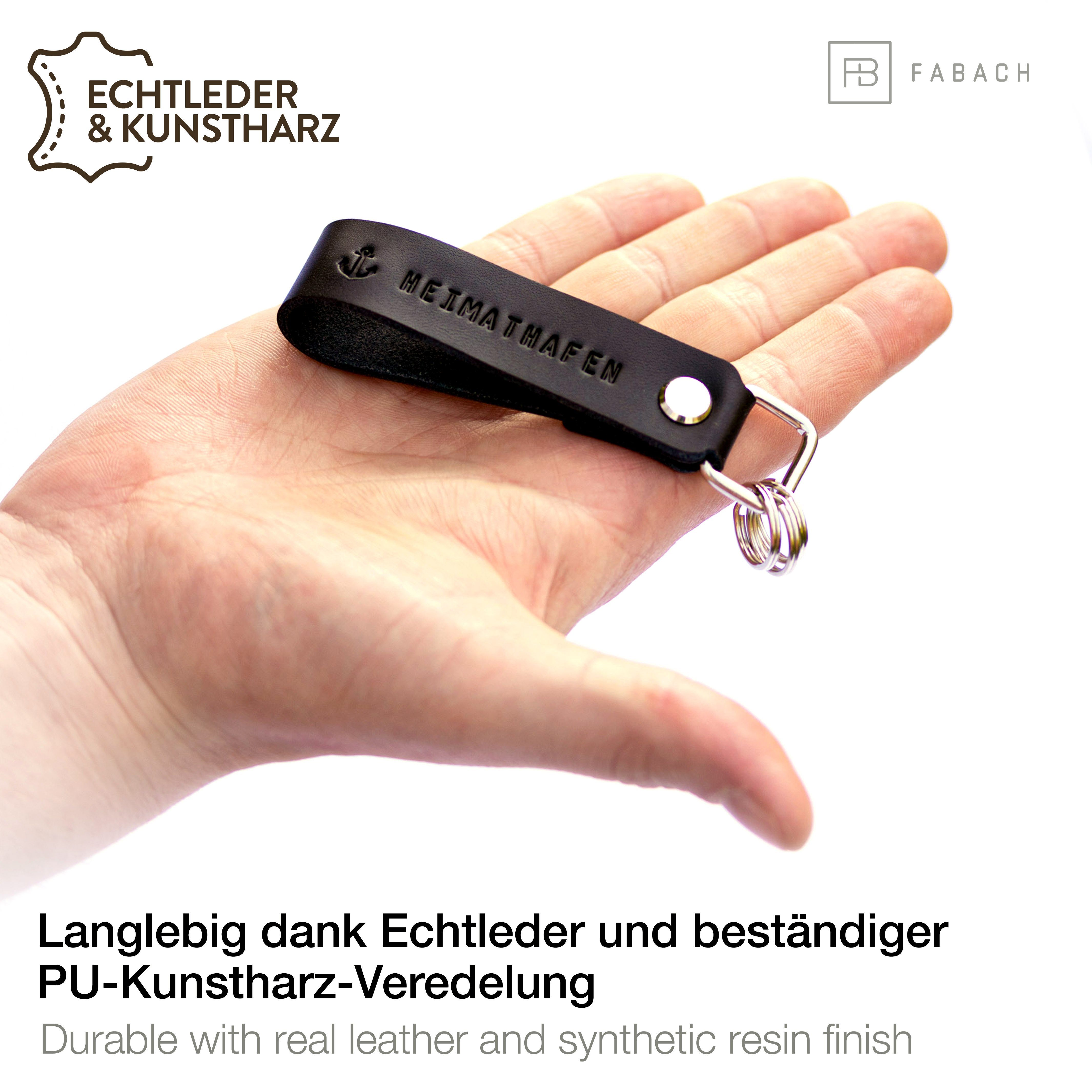 FABACH Schlüsselanhänger Leder wechselbarem mit Anhänger Schlüsselring Gravur - Schwarz "Heimathafen"