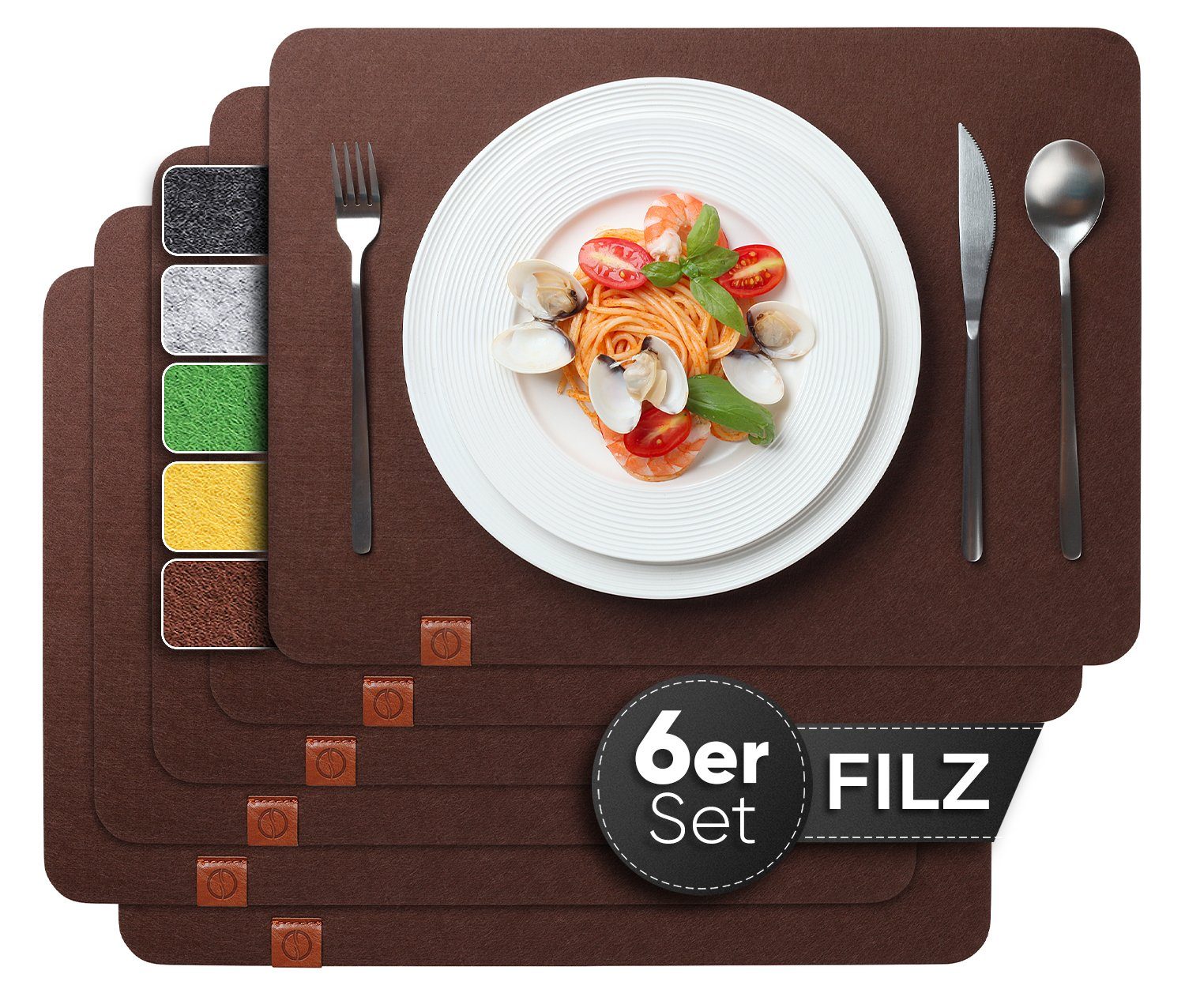 Loco Bird Platzset Tischset aus Filz, 6er Set Rechteckig, Platzsets 44x32 cm, (Tischset in braun), abwischbare Tischuntersetzer Platzdeckchen