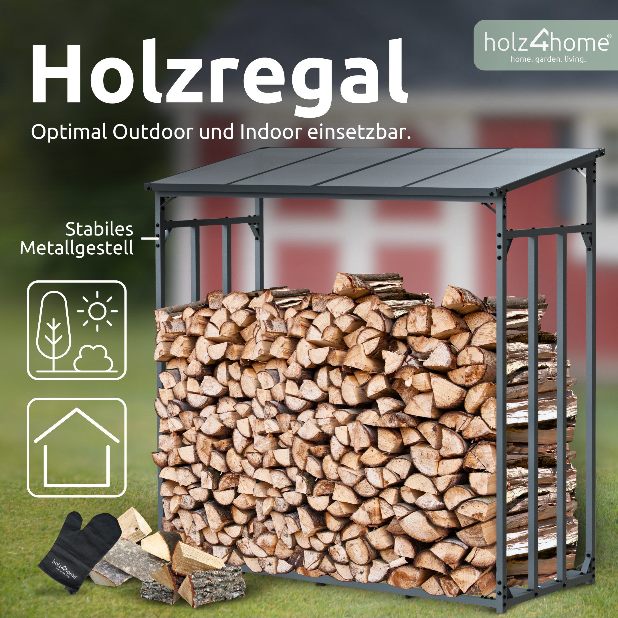 holz4home® Kaminholzregal Holzlager I Brennholzregal I Überdachung als Stapelhilfe für Brennholz, inkl. Plane und Holzhandschuh