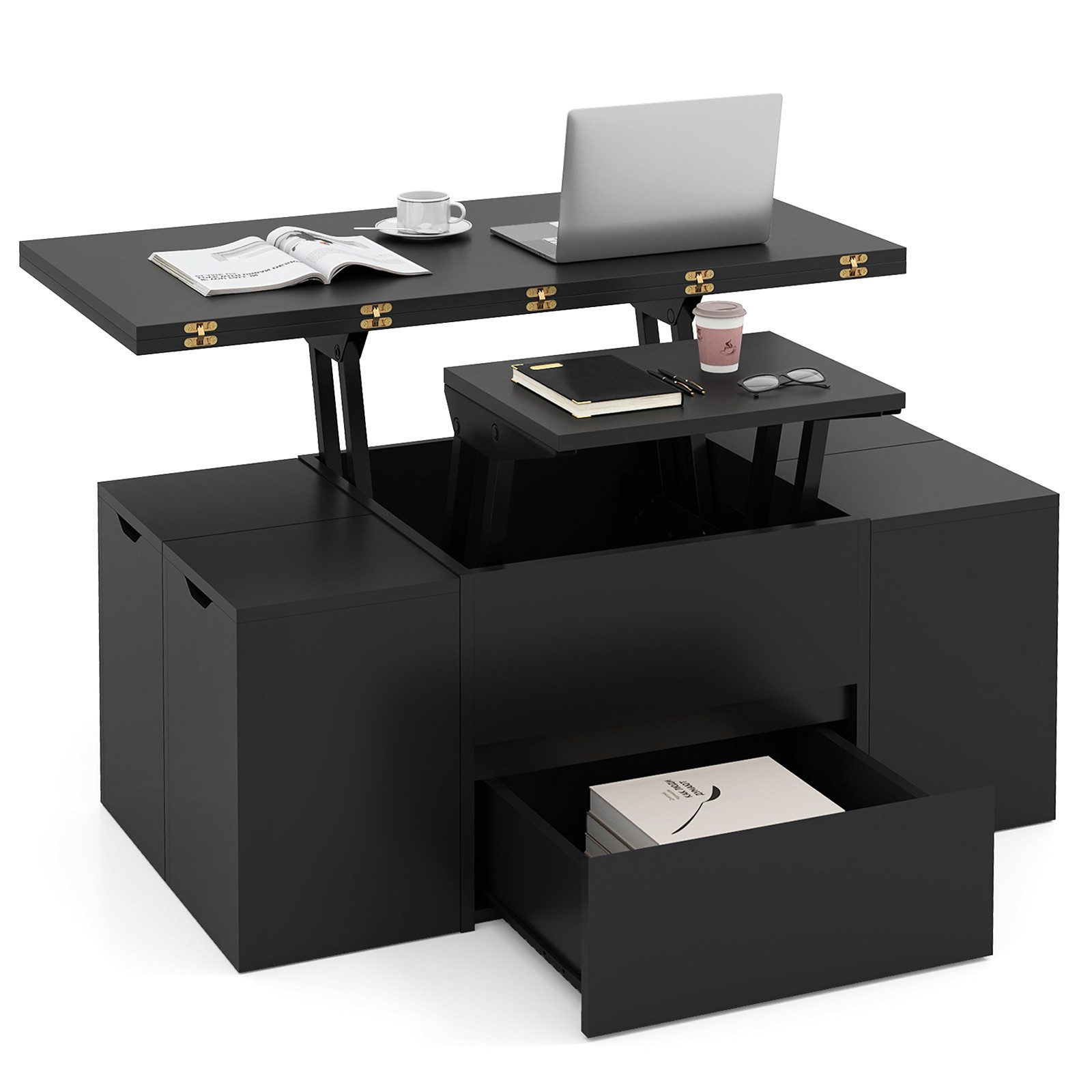 COSTWAY Couchtisch, 3-in-1 höhenverstellbar, klappbar mit 4 Hockern
