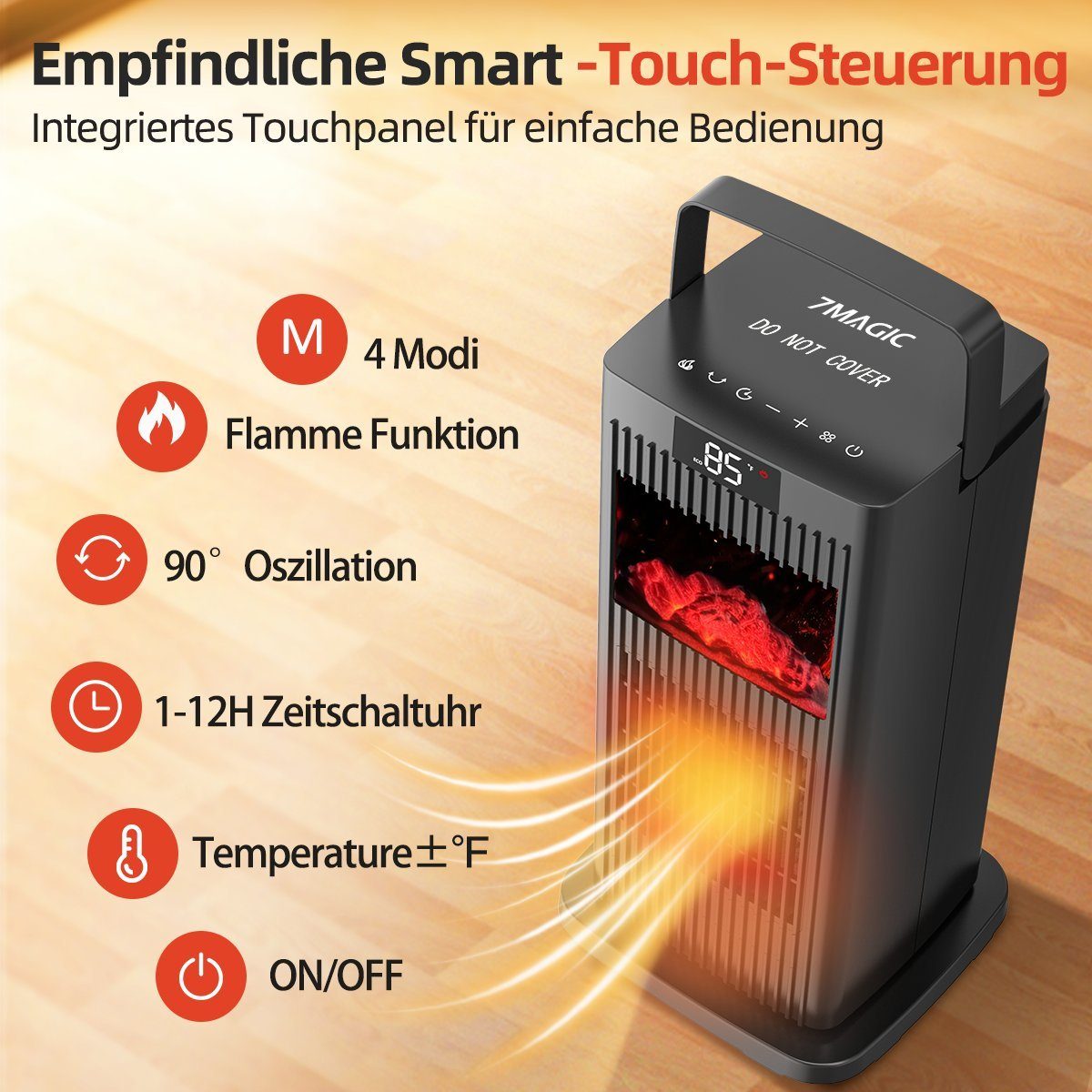 Keramik mit Räume Heizlüfter PTC Elektroheizung Schwarz Oszillation,Fernbedienung, Touchbildschirm Effekt Turmheizlüfter 90° 7Magic Heizung Schlafzimmer Flammen für