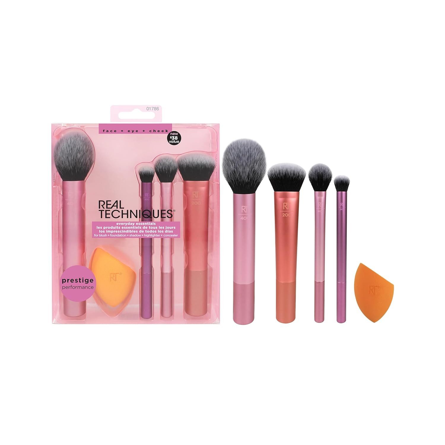 Real Techniques Make-up Set Everyday Essentials Komplett-Set für einen makellosen Make-up-Look, 5-tlg., für Foundation, Rouge, Bronzer, Lidschatten & Puder, 5-teiliges Pinsel- & Schwamm-Set