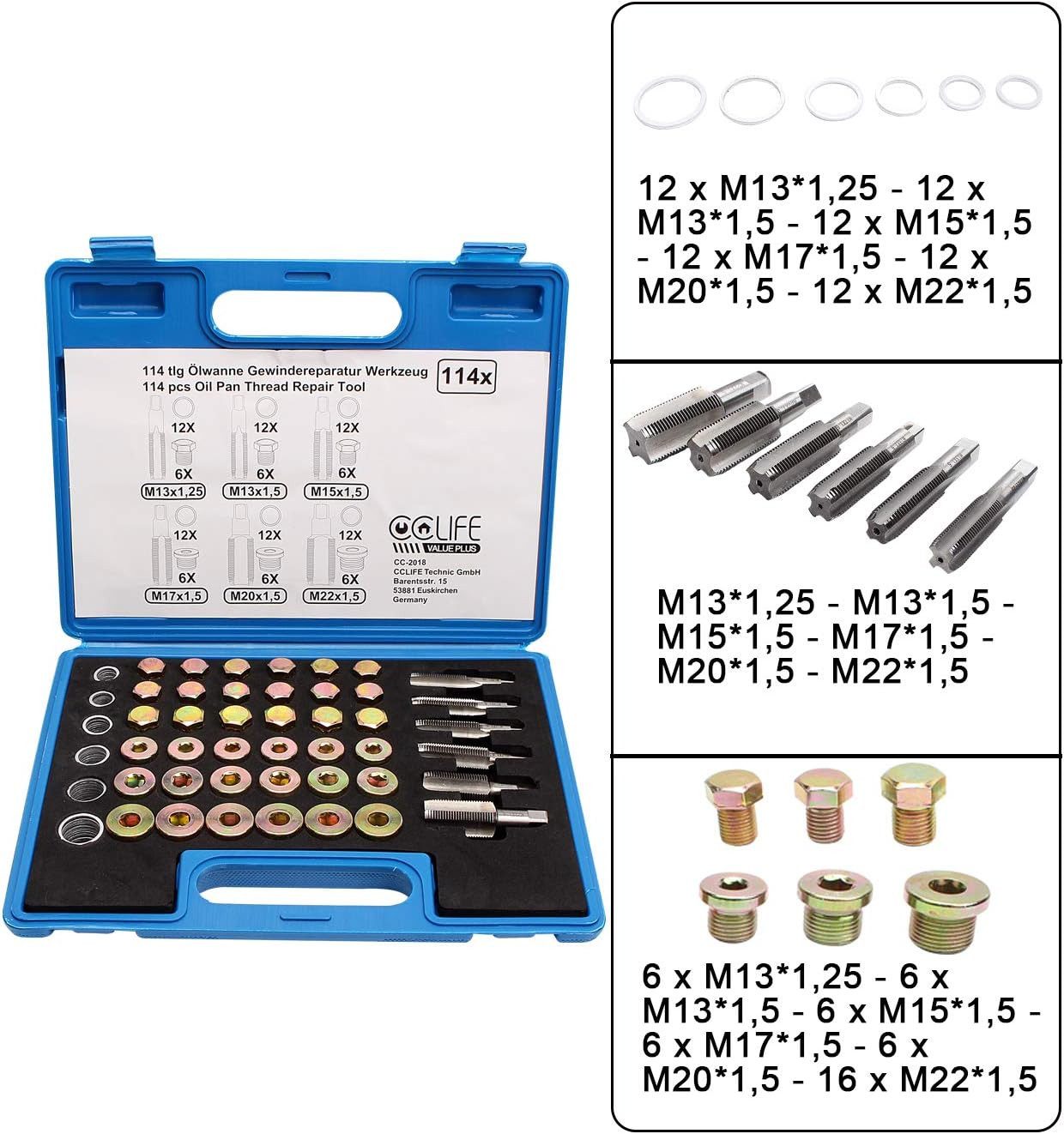 CCLIFE Schrauben-Set Ölablassschraube Reparatur Satz, (Set, 36 Ölablassschrauben M13-M22;72 Dichtringe M13-M22;6 Gewindebohrer)