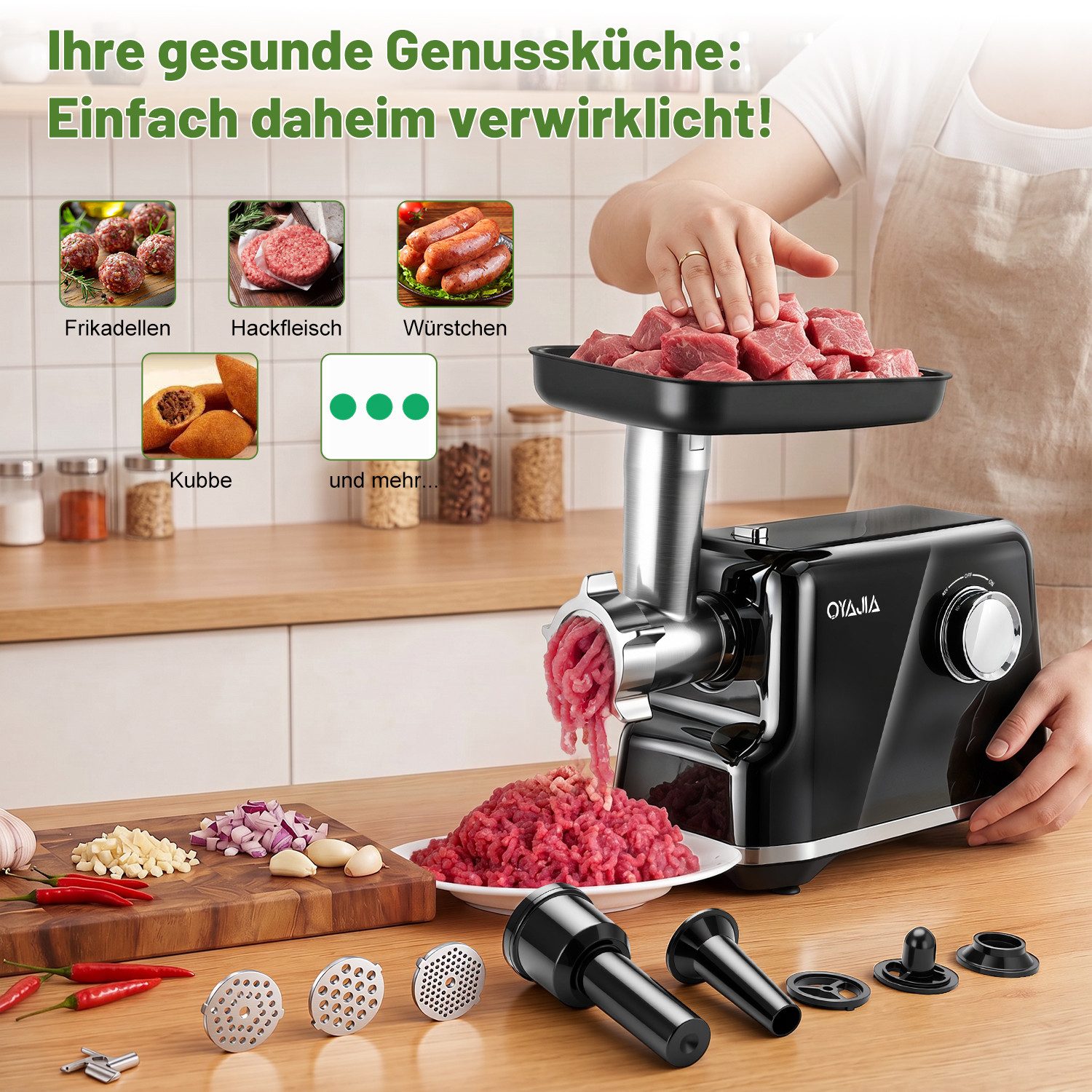 oyajia Fleischwolf 3-in-1 Elektrischer Fleischwolf mit Wurstfüller Edelstahlklingen, 2000 W, 3 Mahlplatten & Kubbe-Zubehör,Klein für Haushalt & Einfach zu Reinigen