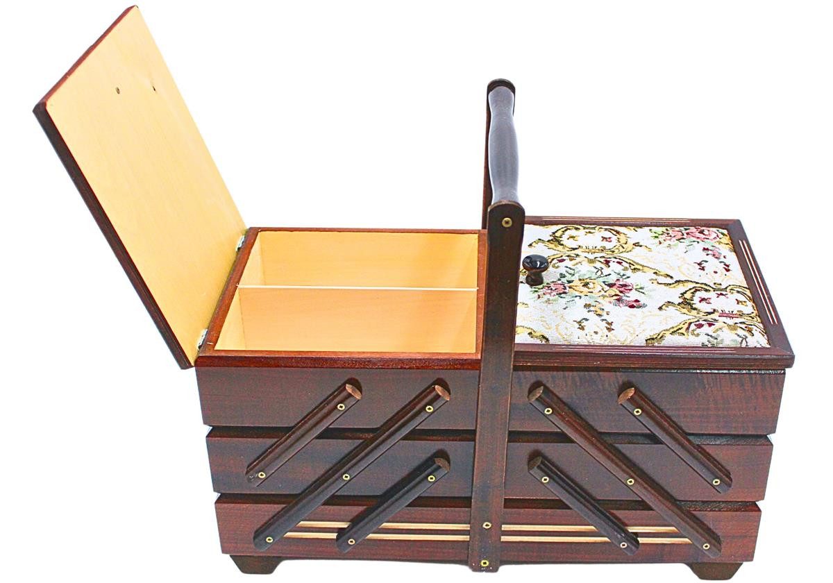 Dekohelden24 Nähkorb Hochwertiger Nähkasten, Nähkästchen aus Furnierholz mit 7 Fächern und (1 St), und Stoffbezug Rosenmotiv in Braun, L/B/H 42 x 20 x 21 cm . – Bild 3 von 5