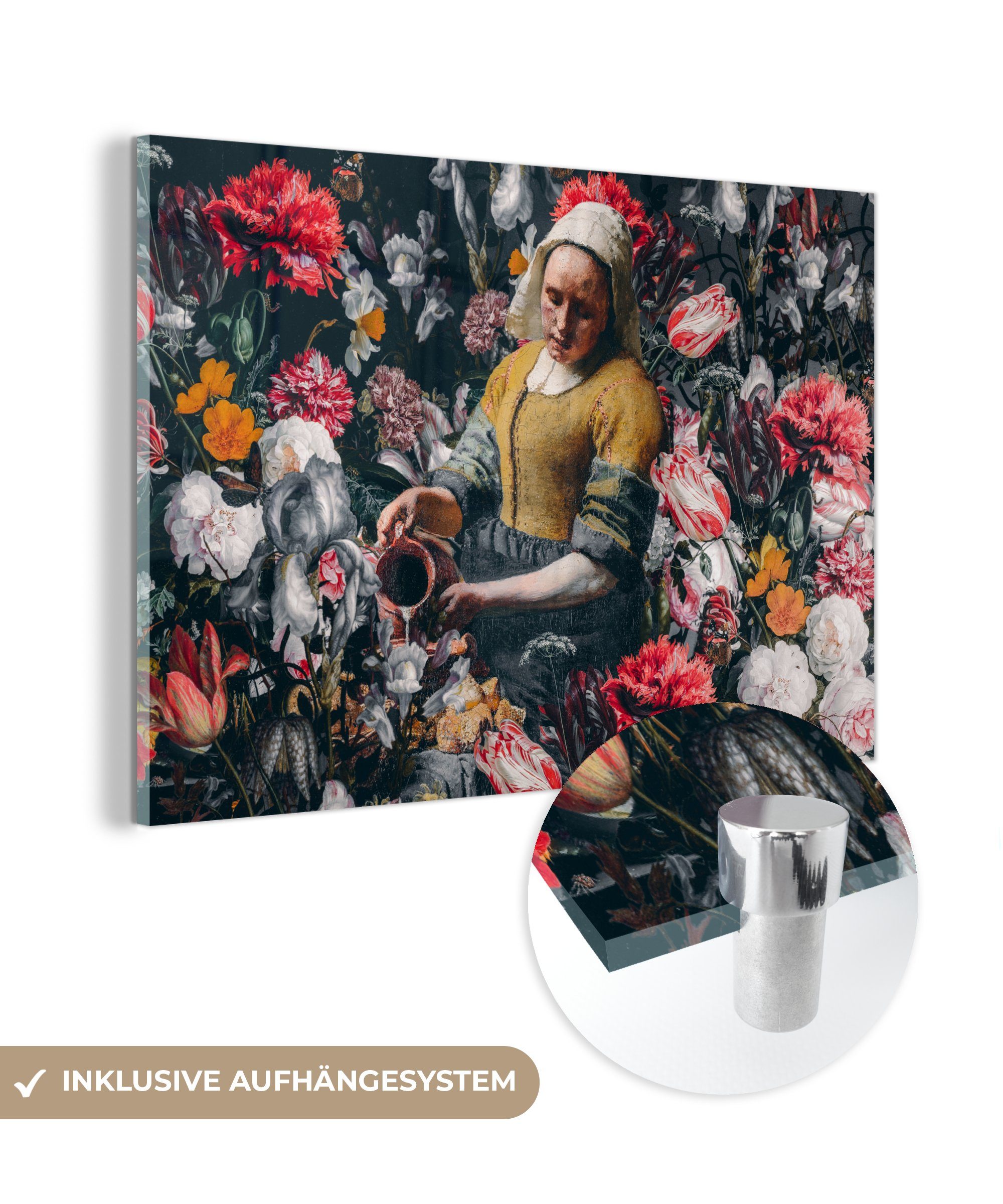 MuchoWow Acrylglasbild Milchmädchen - Johannes Vermeer - Blumen, (1 St), Acrylglasbilder Wohnzimmer & Schlafzimmer bunt