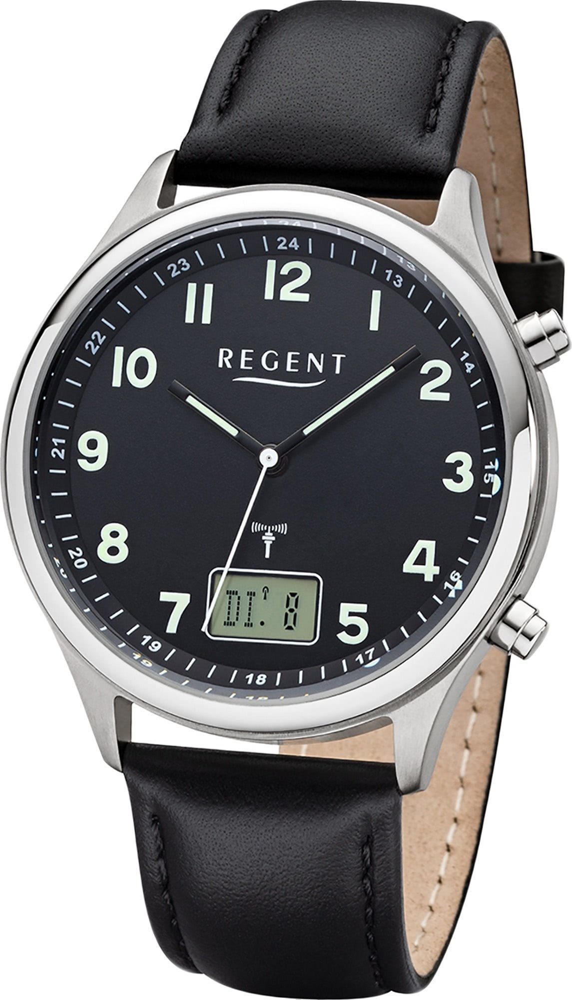 Regent Funkuhr Regent Leder Herren Uhr BA-447, Herrenuhr Lederarmband schwarz, rundes Gehäuse, groß (ca. 40mm)