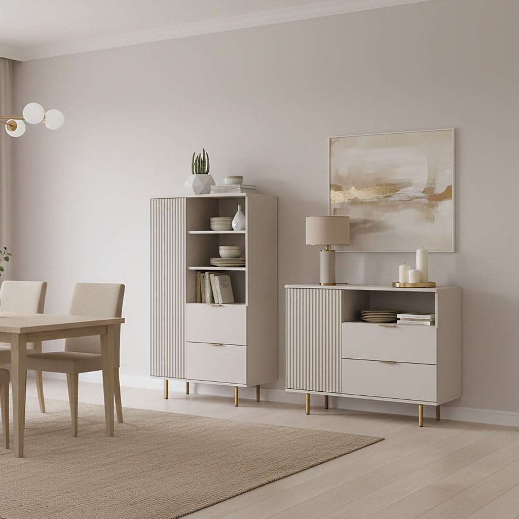 Lomadox Wohnzimmer-Set NADOR-132, (Mega-Spar-Set, 2-St., Highboard Kommode), Kaschmir mit goldfarbenen Metallgriffen und -füßen, Front Rillenoptik