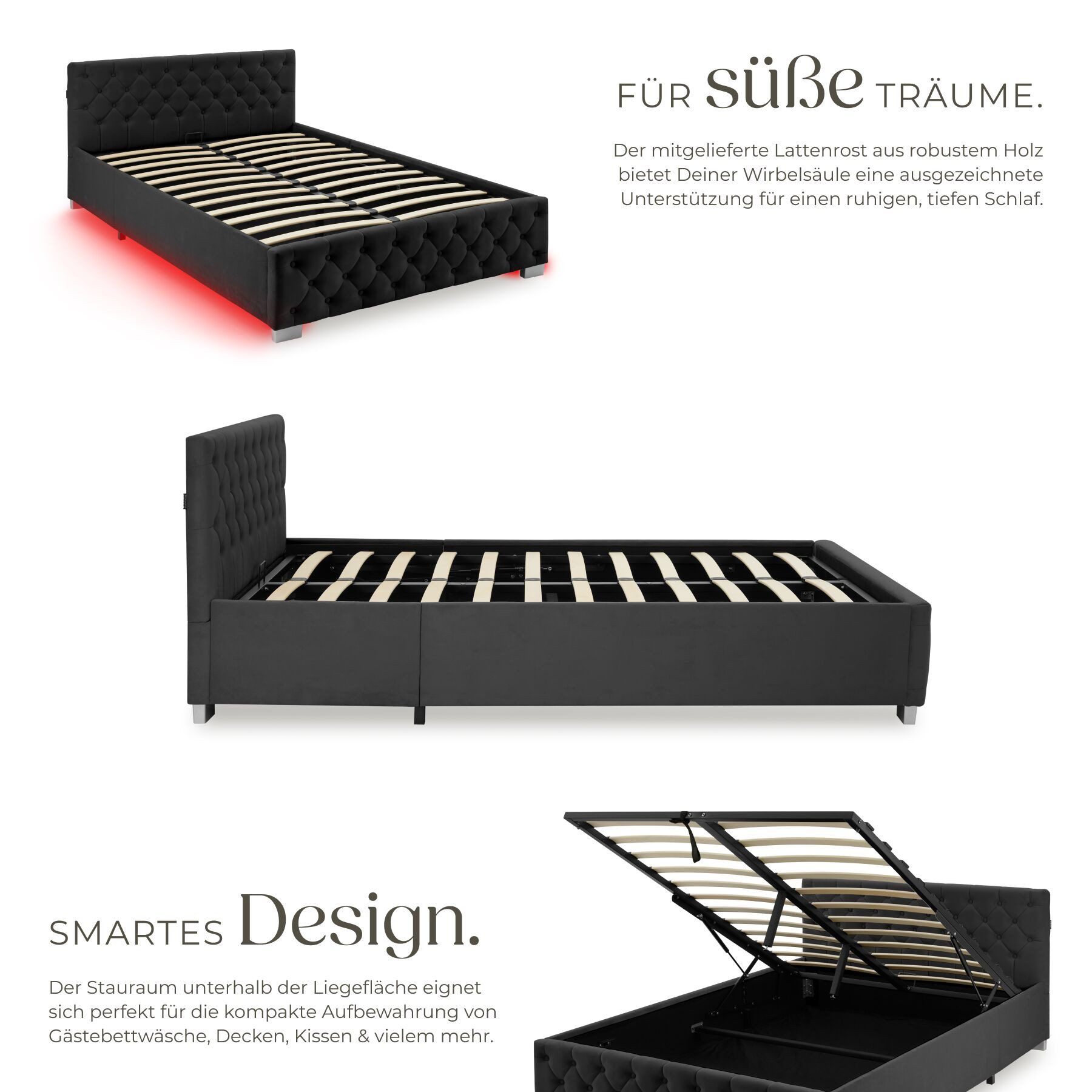 tectake Polsterbett Komfortbett mit LED-Leisten & Stauraum - Samtoptik mit Steppmuster (Bettset, in Samtoptik Schwarz), stabiler Stahlrahmen, Belastbarkeit 250  – Bild 5 von 5