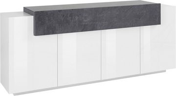 möbelando Sideboard Catania, Modernes Sideboard aus Spanplatte in Weiß-Hochglanz / Schiefer matt mit 4 Holztüren, 3 Einlegeböden und 1 Klappe. Breite 200 cm, Höhe 85,6 cm, Tiefe 45 cm