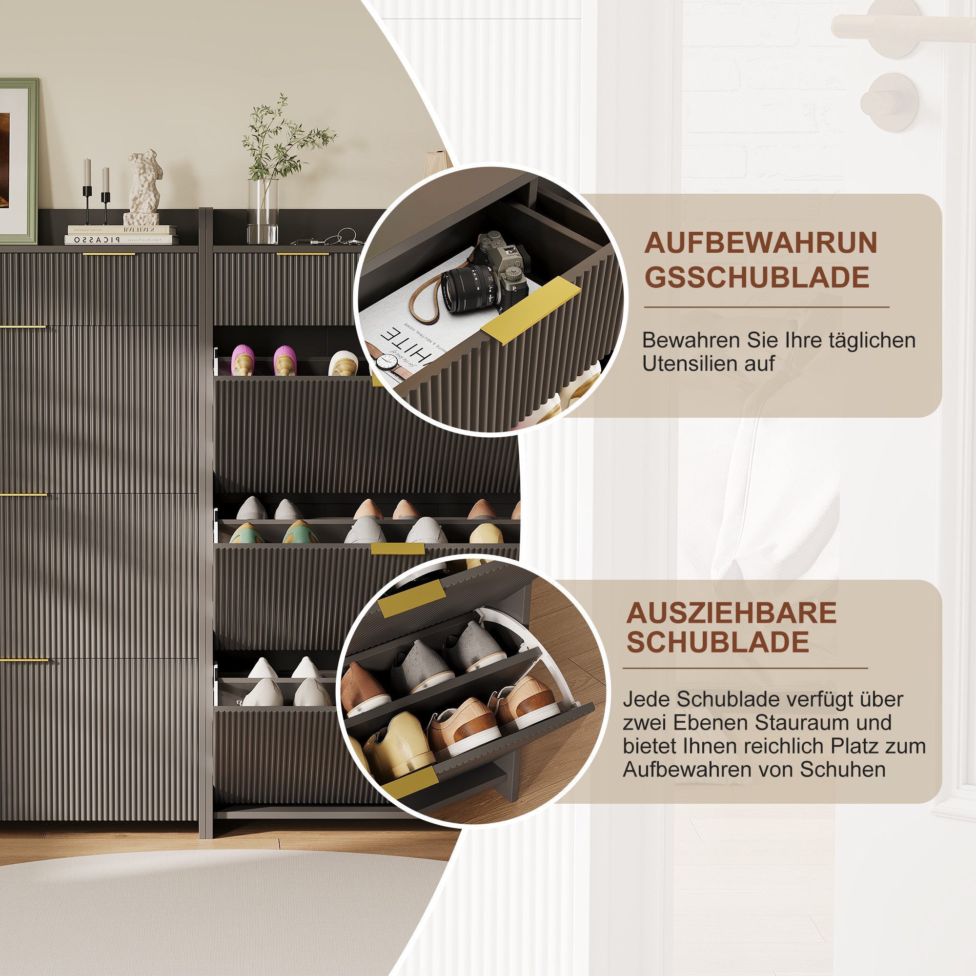 Furnishings Home Schuhschrank mit 3 Klappen 2 Schubladen Schuhregal Schukipper Kippsicherung (77x24x133 cm) Schuhkommode im Flur Diele,Trennwand verstellbar