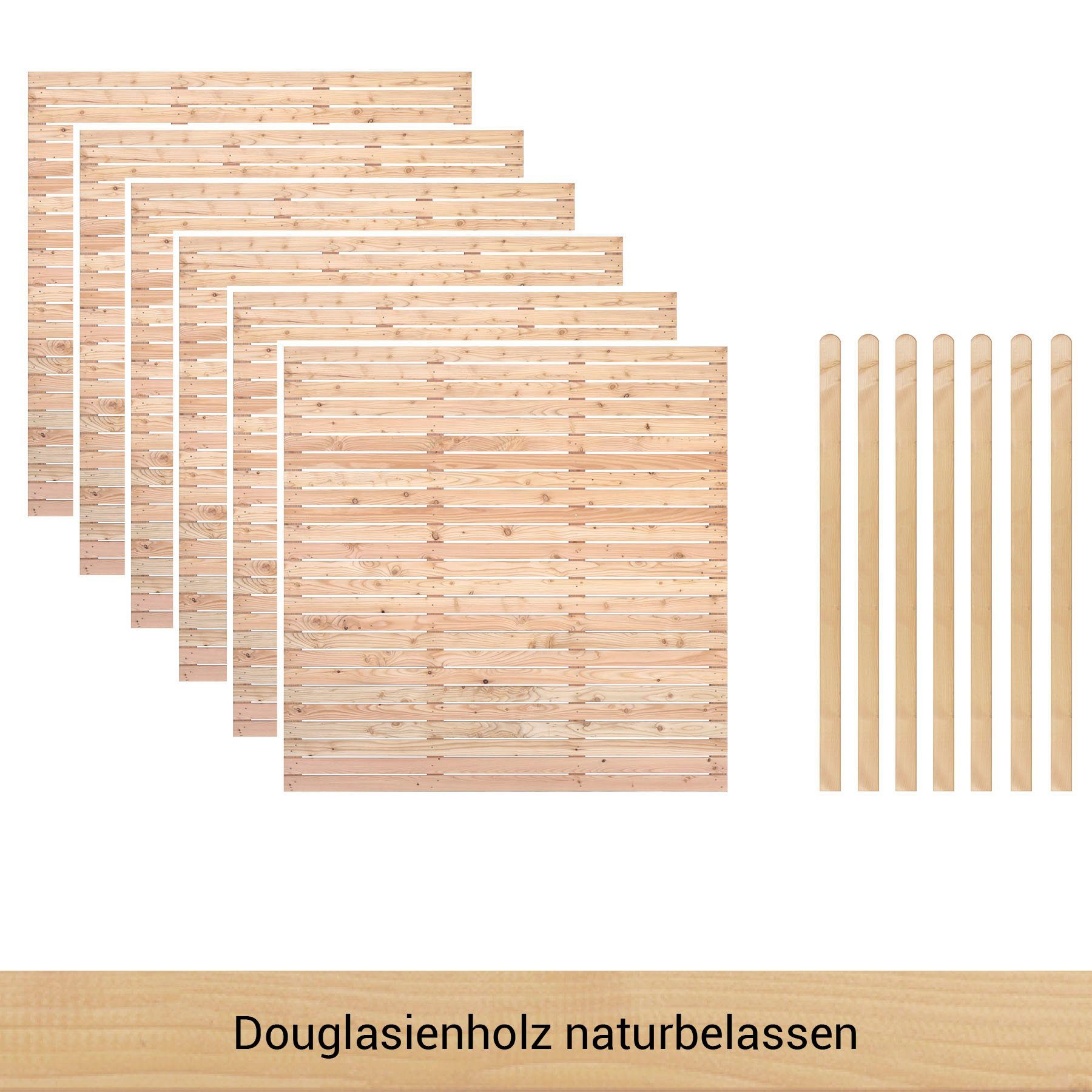 BM Massivholz Zaun Kurt Set 6, (Set), 6 Zaunelemente 180 x 180cm, 7 Pfosten, Kopf gerundet, Länge 190cm