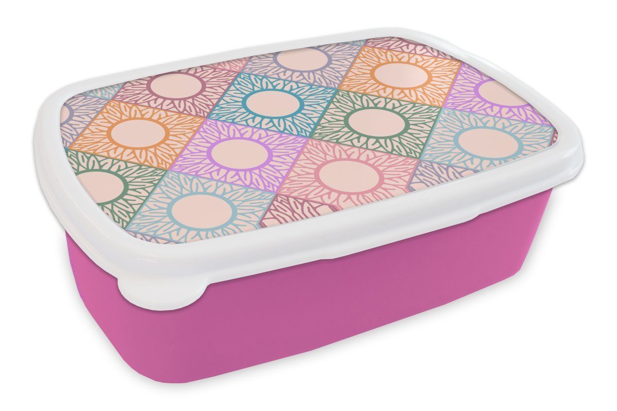 MuchoWow Lunchbox Sonnenblume - Kariert - Muster, Kunststoff, (2-tlg), Brotbox für Erwachsene, Brotdose Kinder, Snackbox, Mädchen, Kunststoff rosa