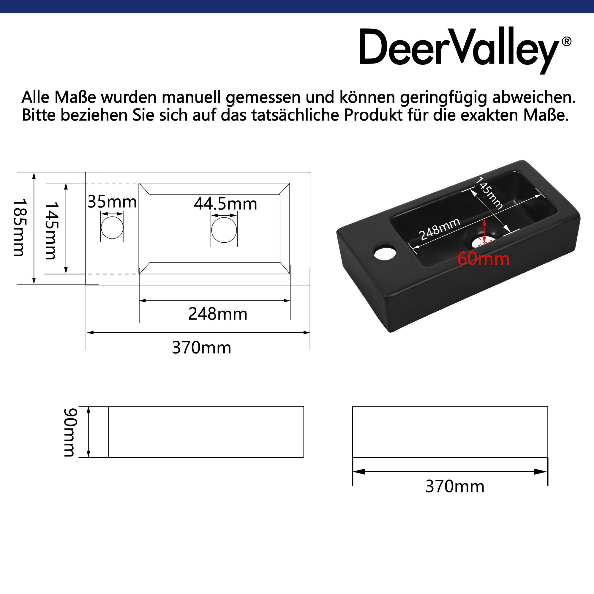 DeerValley Waschbecken klein DeerValley Mini Wandwaschbecken für kleine Bäder (Packung, ohne Wasserhähne und Abfluss), Keramik ideal für kleine Bäder ohne Wasserhähne und Abfluss