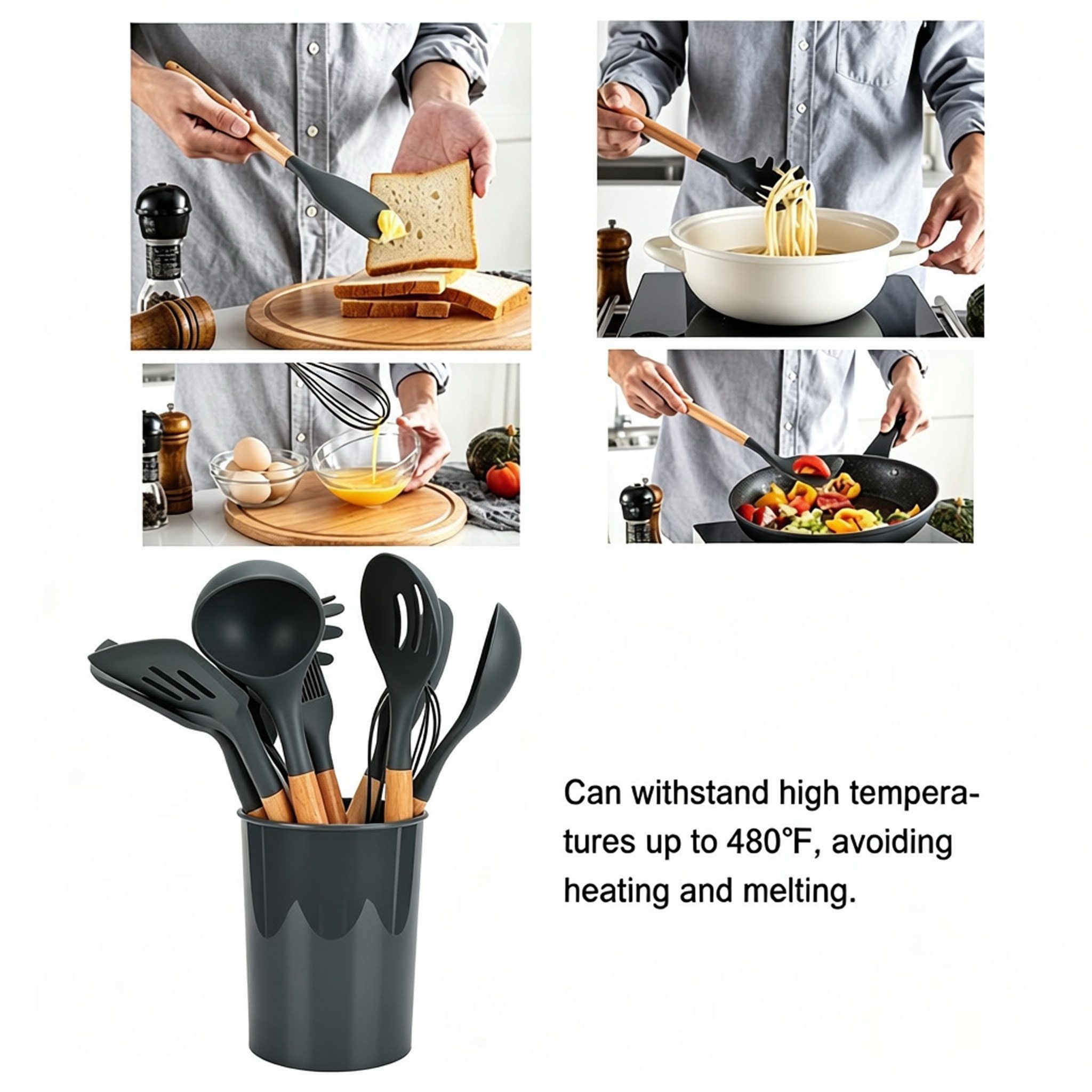 ibettertec Kochbesteck-Set 12-teiliges Silikon Küchenhelfer-Set, vielseitige Kochutensilien, 12-teiliges,antihaftbeschichtetes Kochbesteck,Silikon