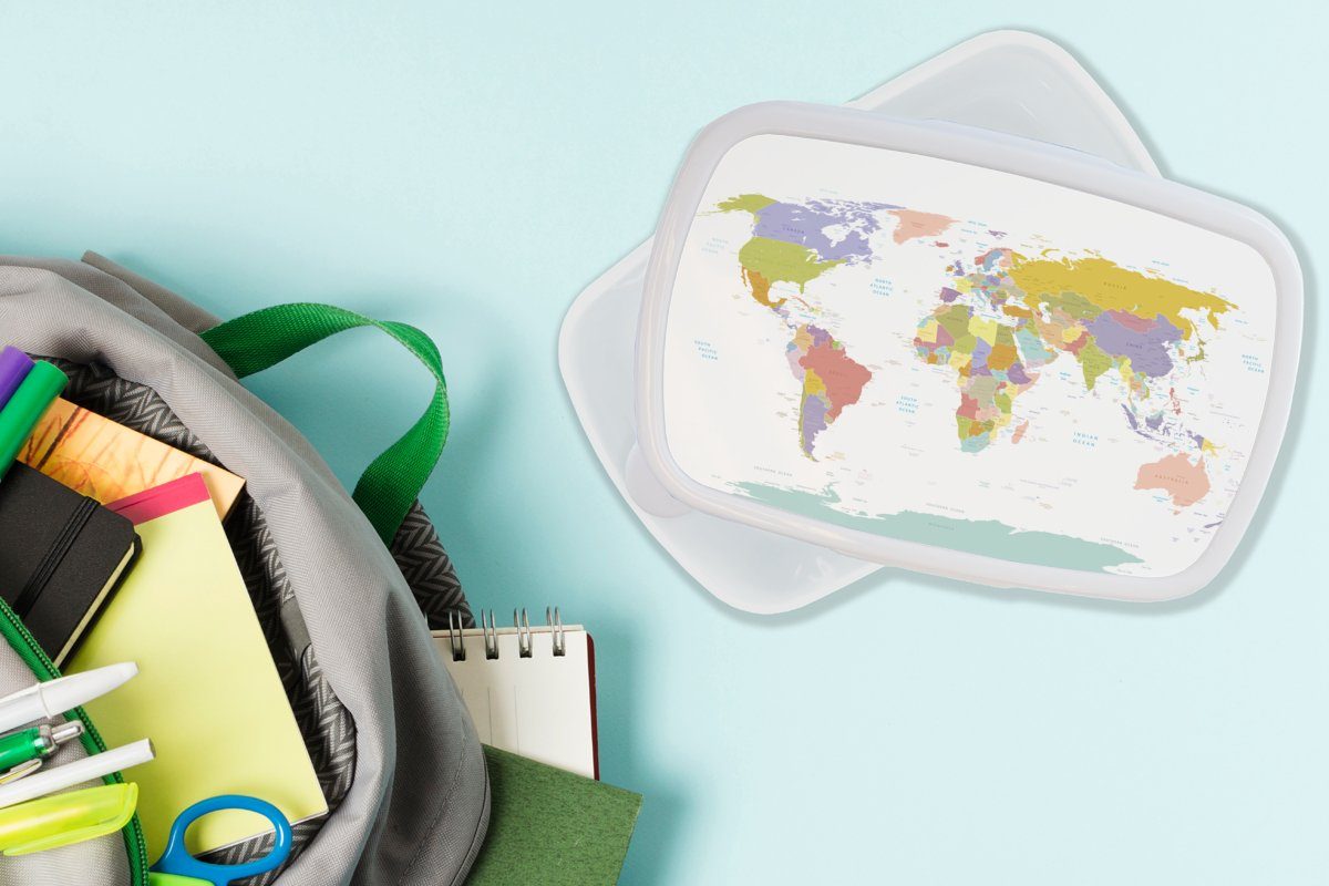- - weiß - und Farben (2-tlg), Brotdose, für Weltkarte Topographie für Kunststoff, Lunchbox Junge Mädchen - Mädchen, Jungs Kinder - und Kind MuchoWow Erwachsene, Brotbox