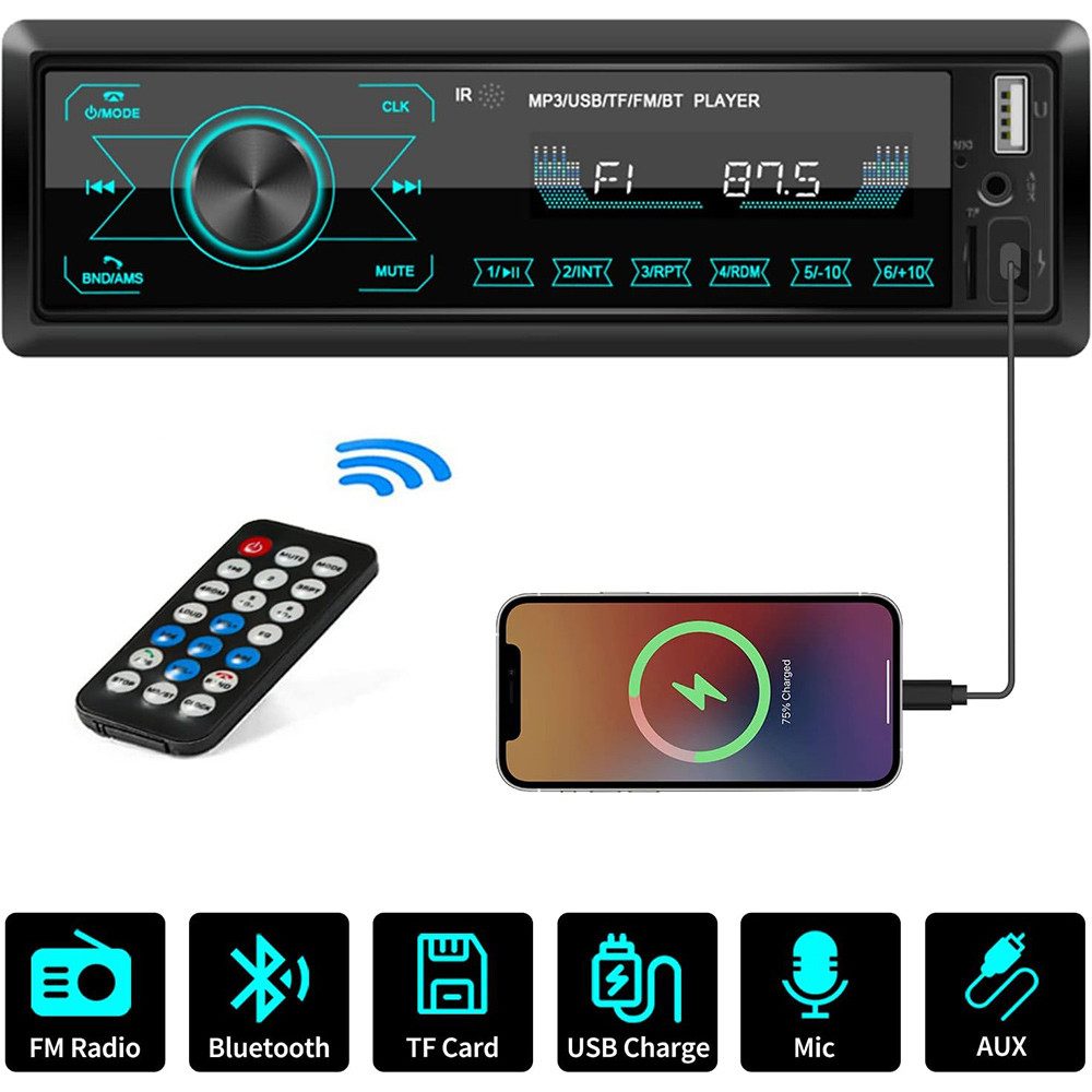 Hikity 1 DIN Autoradio Bluetooth Freisprech 7 Farben USB/AUX/SD Autoradio (7 Farben Licht einstellbar, SD-Karte Eingang, Eingebautes Bluetooth)