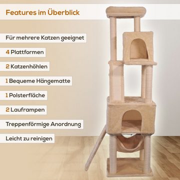 BENNO Kratzbaum Kletterturm, Katzenmöbel mit Sisalstämmen, Höhlen, Ablagefläche, in beige, 180cm Höhe, mit Liegemulde und Plattformen, Katzenbaum