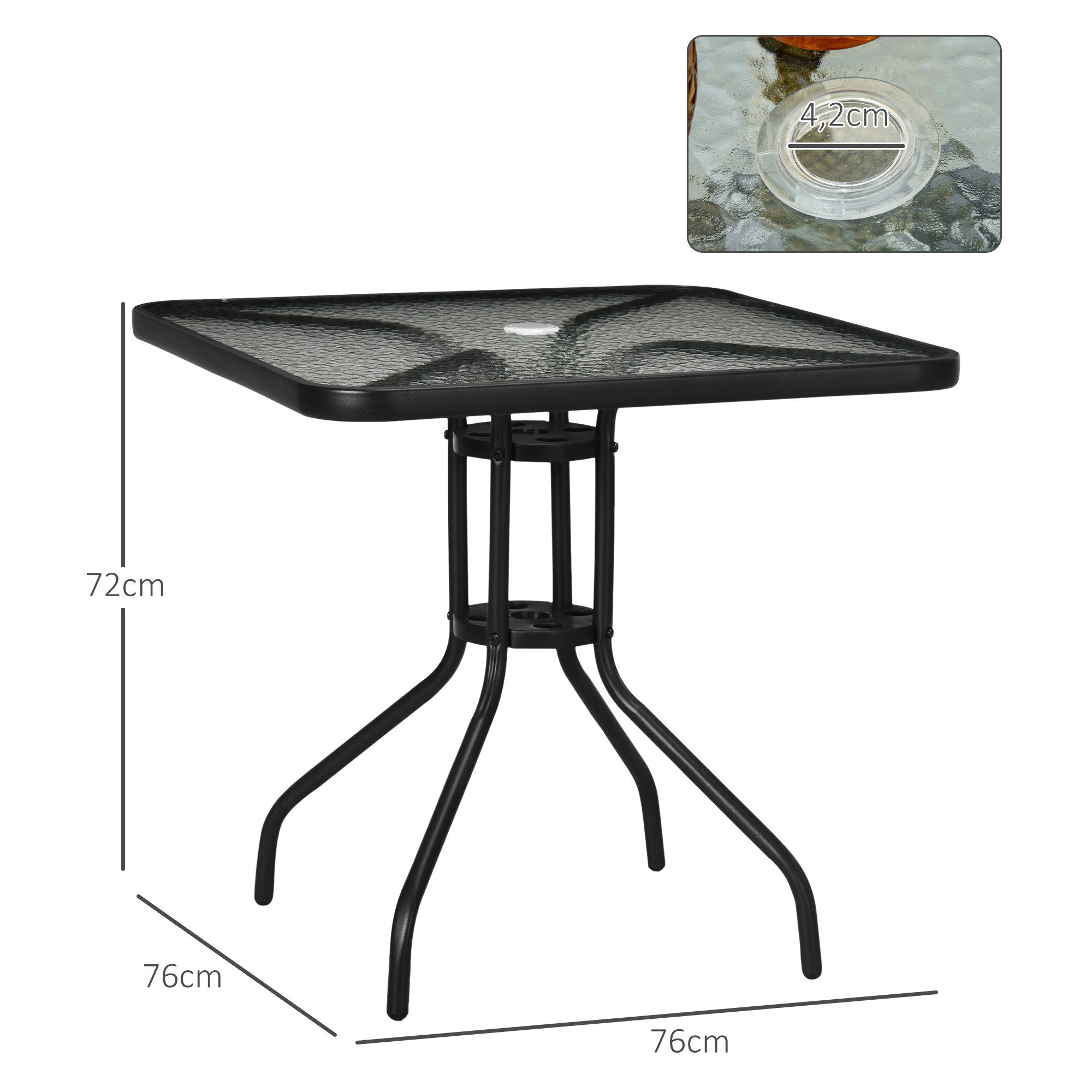 Outsunny Gartentisch aus Metall, 76x76 cm, wetterfest, mit Schirmloch (quadrarisch Balkontisch, 1-St., rutschfest Buffettisch), für Outdoor, Garten, Terrasse, Balkon, Schwarz