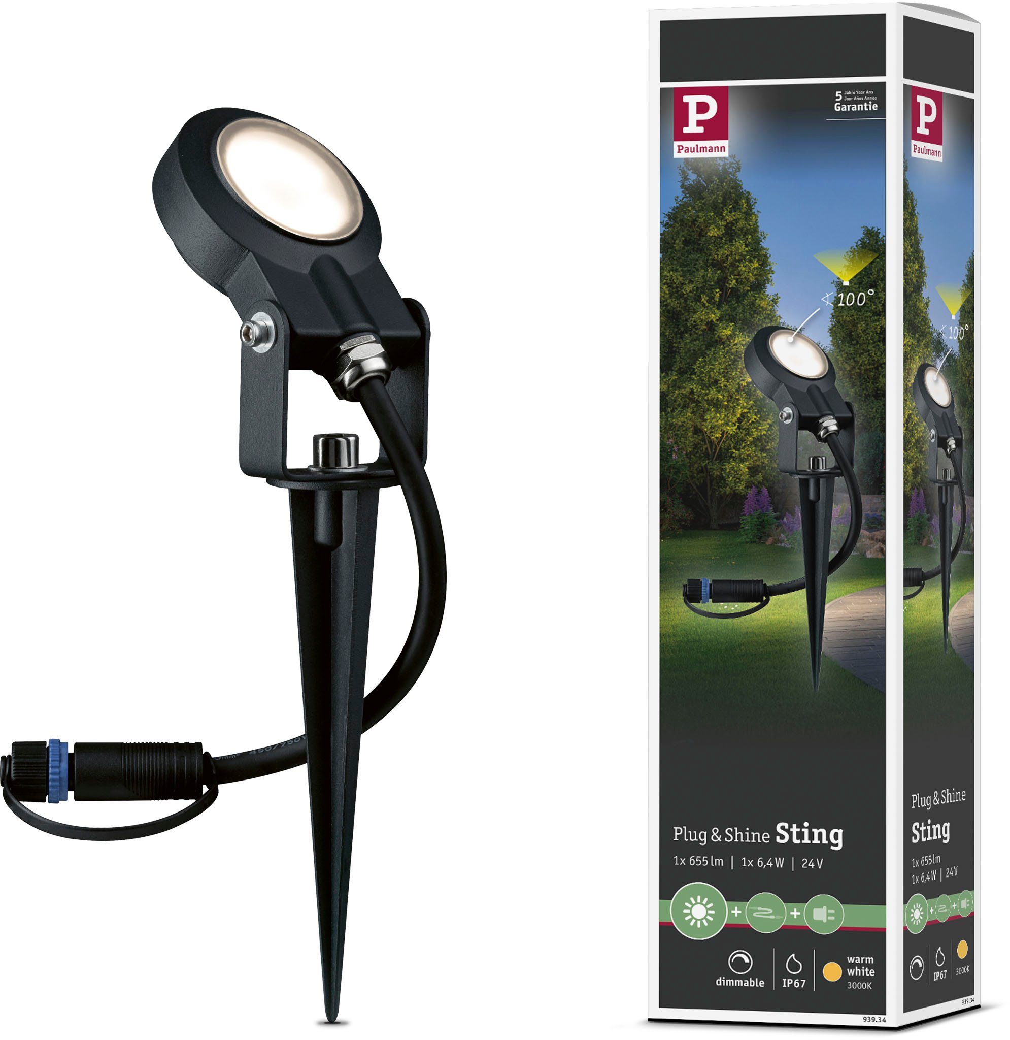 Paulmann LED Gartenstrahler LED Warmweiß, LED-Modul, IP67 Anthrazit & Plug integriert, fest Shine, 24V Plug 3000K & Shine