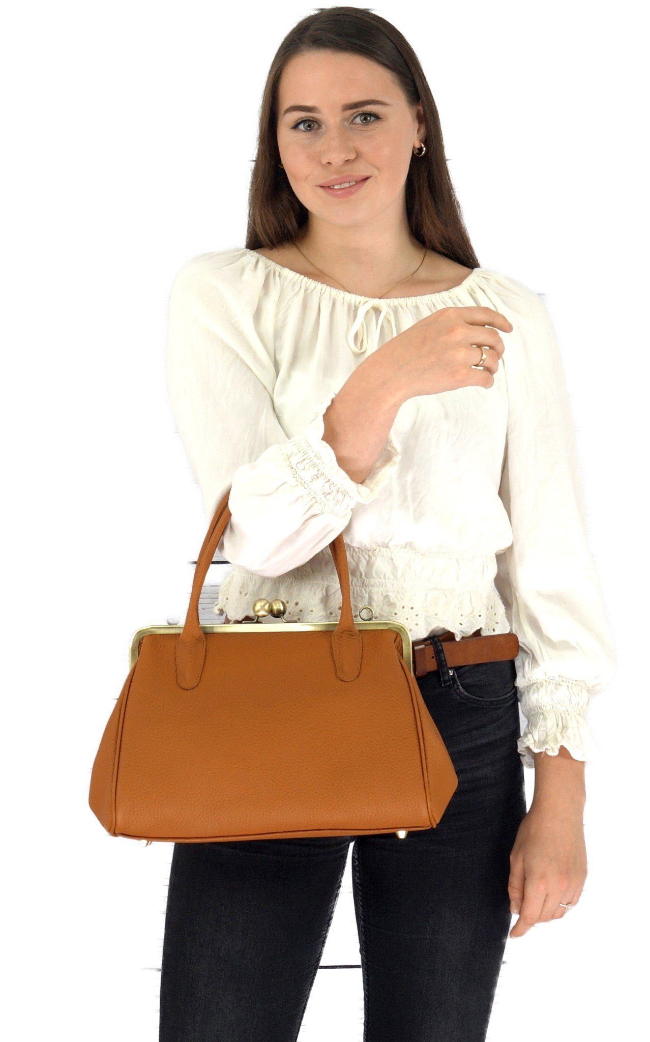 Taschenkinder Handtasche Handtasche "Marie", Damentasche, Schultertasche, Vintage Stil, Retro, Echt Leder, Vintage Stil, Retro Bügeltasche, Clipverschluss