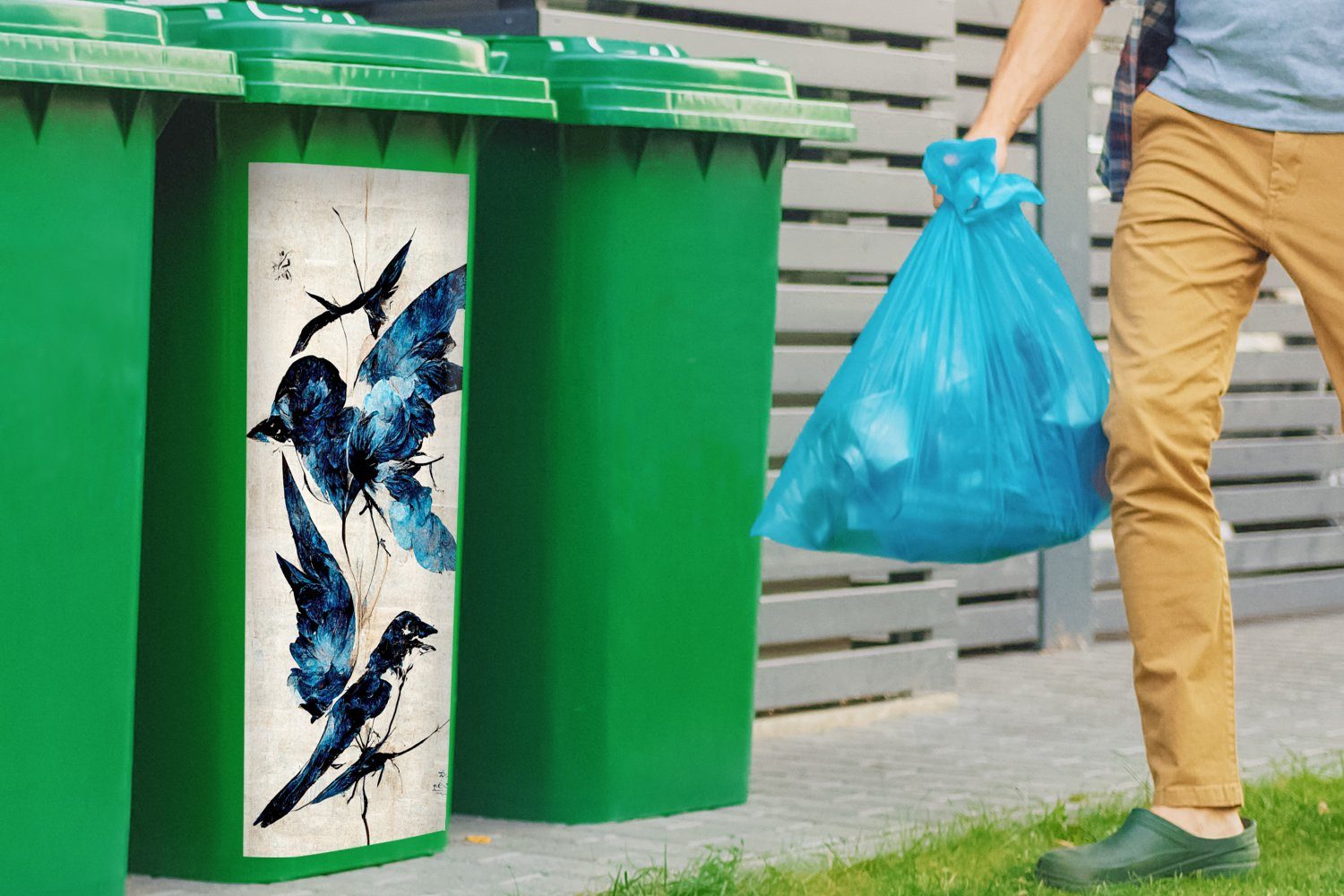 MuchoWow Wandsticker Vintage (1 Mülltonne, - Blau Sticker, - Tiere Container, Vögel - Abfalbehälter St), Mülleimer-aufkleber