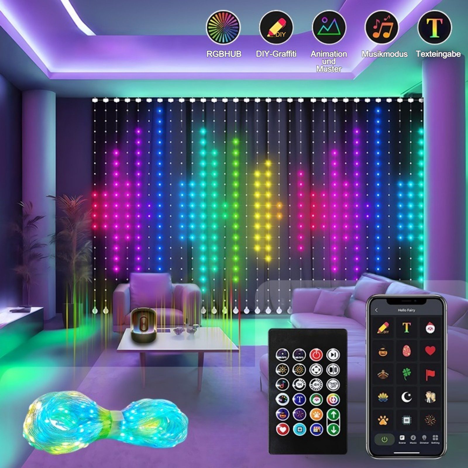 PRIISF LED-Lichtervorhang LED Vorhang RGB Smart Lichterkette Gardine Lichtervorhang Fadenvorhang, LED Vorhangschnur DIY Lichtmuster für Weihnachten Halloween Party Deko