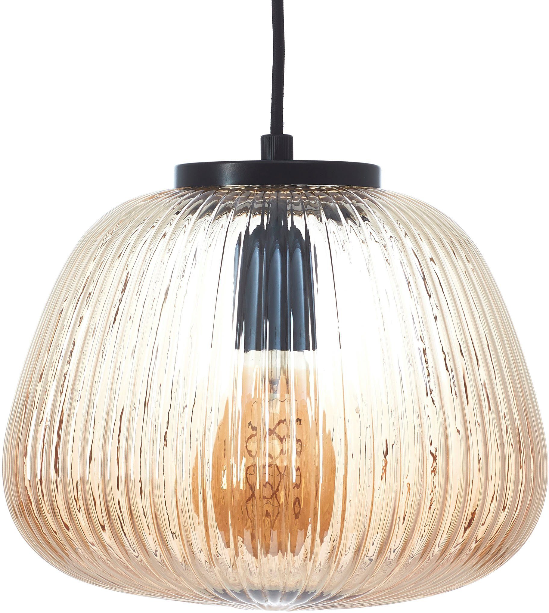 Brilliant Pendelleuchte Kaizen, ohne Leuchtmittel, Riffelglas, D 25 cm, E27, kürzbar, Amber-Bernsteinfarben