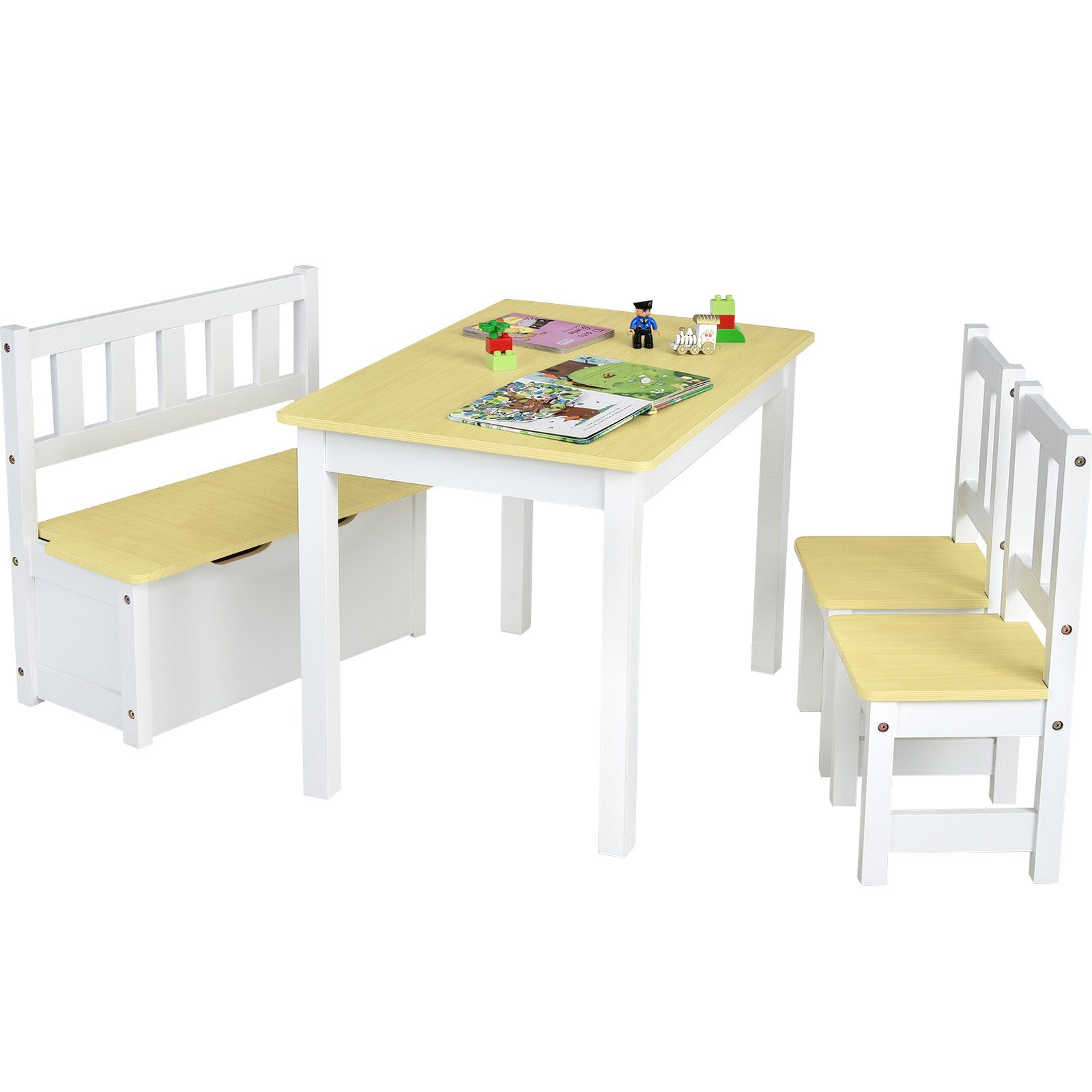 COSTWAY Kindersitzgruppe, Kindertisch mit 2 Stühlen, Sitzbank mit Stauraum günstig online kaufen