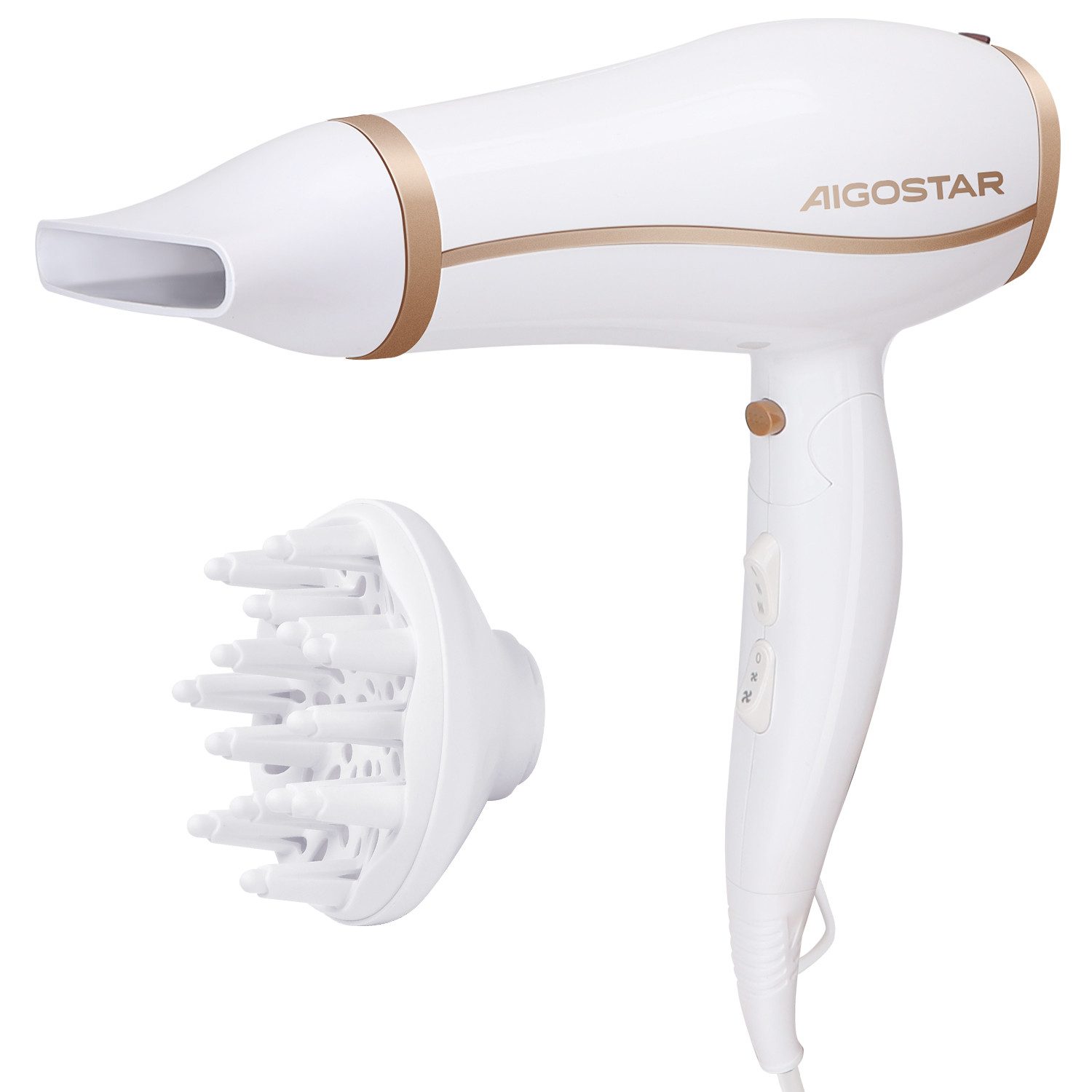 Aigostar Haartrockner Föhn, Ionen-Haartrockner Negative Händetrockner mit Diffusor, 2200,00 W, Faltbar, 3 Temperatureinstellungen, 2 Geschwindigkeiten