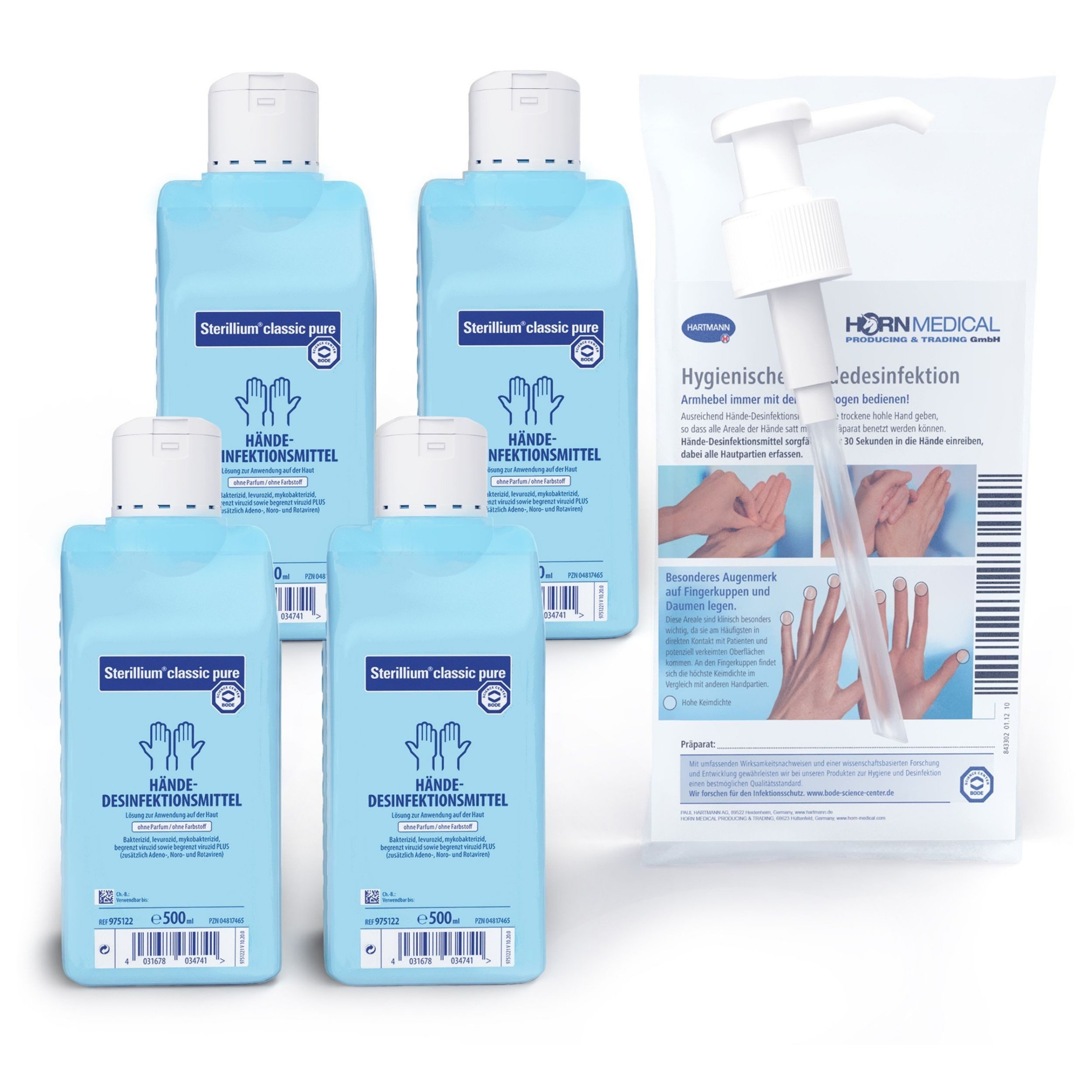 Horn Medical Horn Medical Dosierpumpe mit 4x Sterillium classic pure 500ml Hand-Desinfektionsmittel (Spar-Set, [- bekannt & bewährt Farbstoff- und parfümfrei auch für empfindliche Haut)