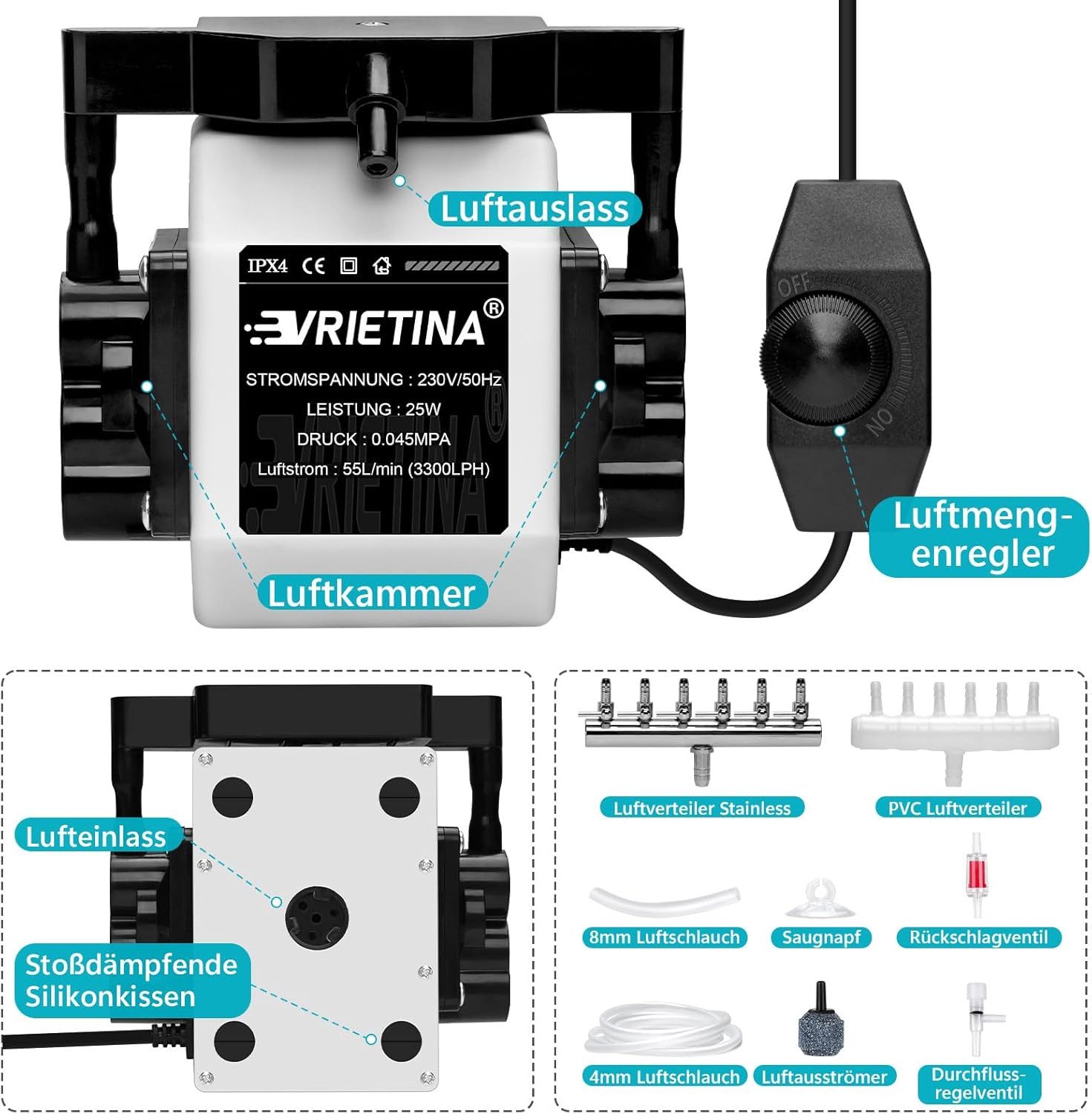 XERSEK Teichbelüfter 25W 3300L/H Aquarium Luftpumpe mit 6 Ausgängen Regelba günstig online kaufen