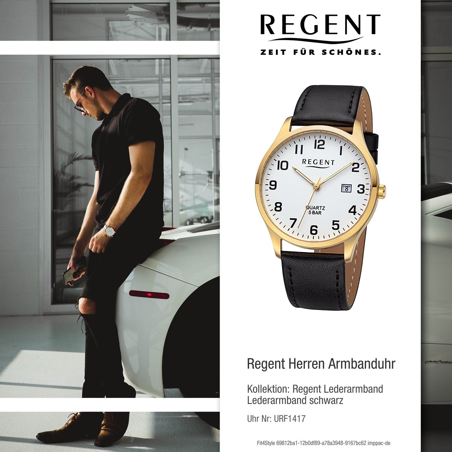 schwarz, Herren extra Herrenuhr Gehäuse, Regent Lederarmband (ca. groß Quarzuhr 39mm) Regent Analog, rundes Armbanduhr