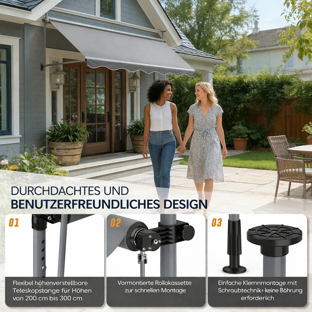 Ferghana Klemmmarkise Klemmmarkise Ohne Bohren, Balkonmarkise Höhenverstellbar (Sonnenschutz Wasserdicht UV-beständig, Sonnenmarkise für Terrasse Balkon Garten) – Bild 4 von 5