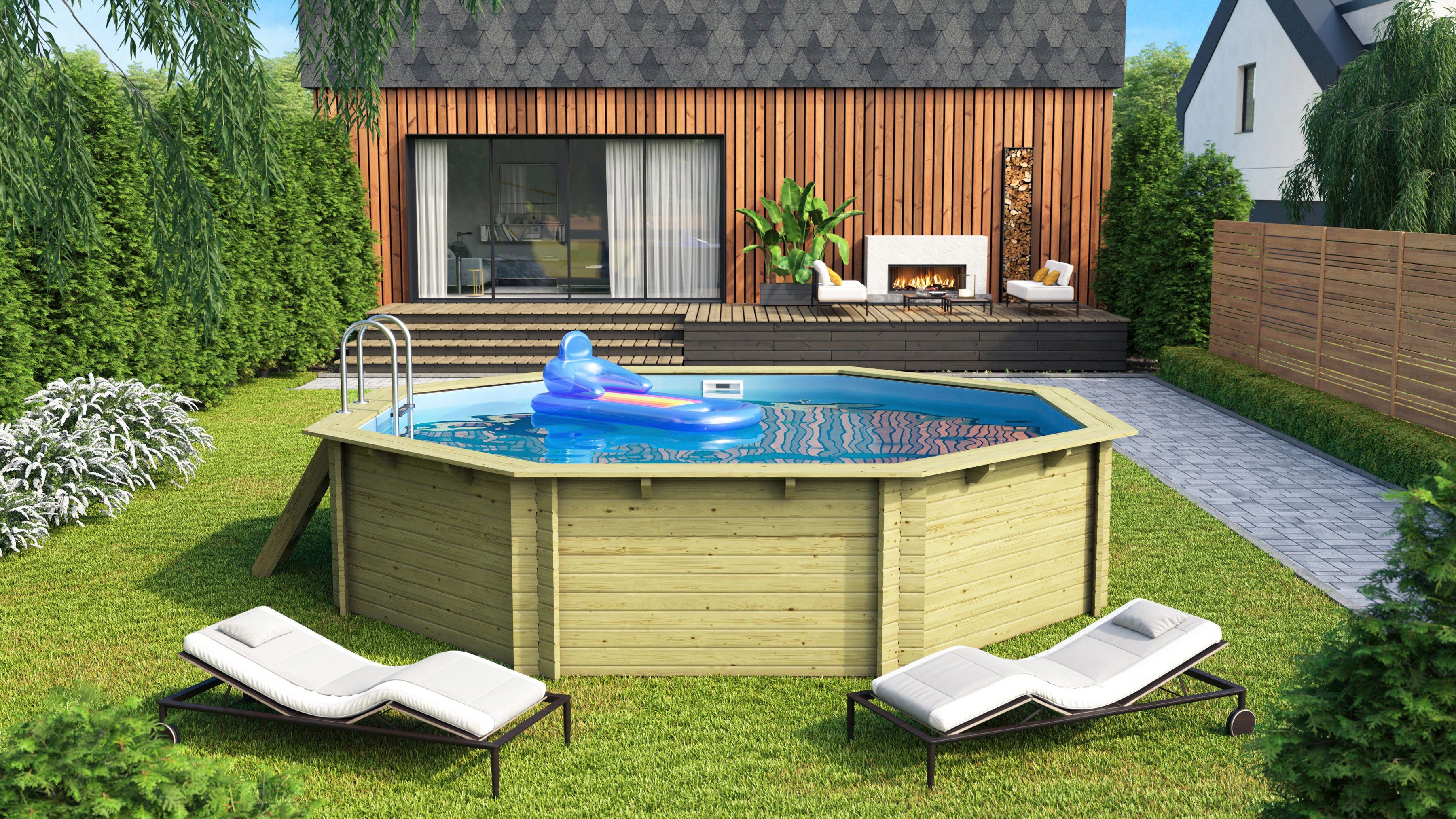 Karibu Achteckpool PALERMO Set B BxLxH: 547x547x124 cm (Set, 5-tlg), 38 mm starke kesseldruckimprägnierte Holzbohlen aus Fichtenholz