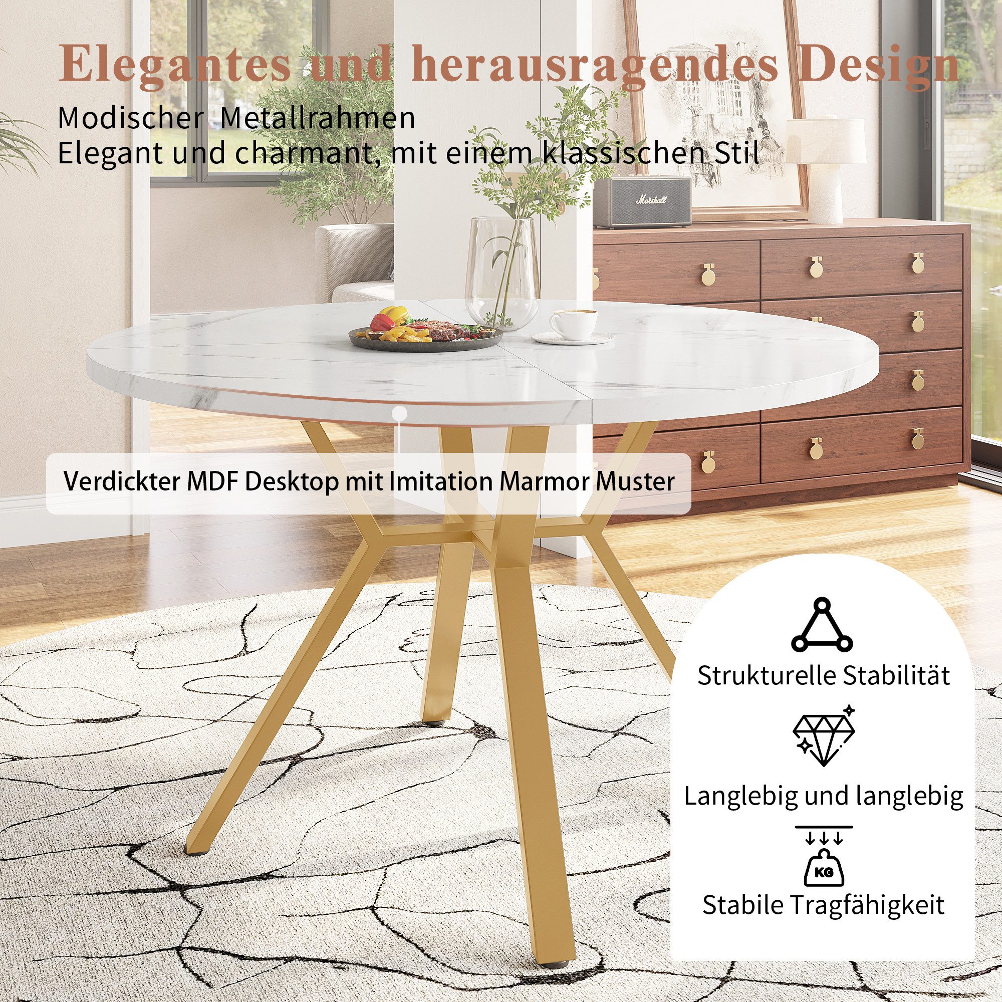 BlingBin Esstisch Moderner Runder Marmor-Esstisch Küchentisch Kaffeetisch (1er Set, 1-St., Produktgröße: 100×100×75cm, Tragendes Gewicht: 60kg/Tisch), Schlichter X-förmiger Couchtisch mit Metallhalterung für Esszimmer