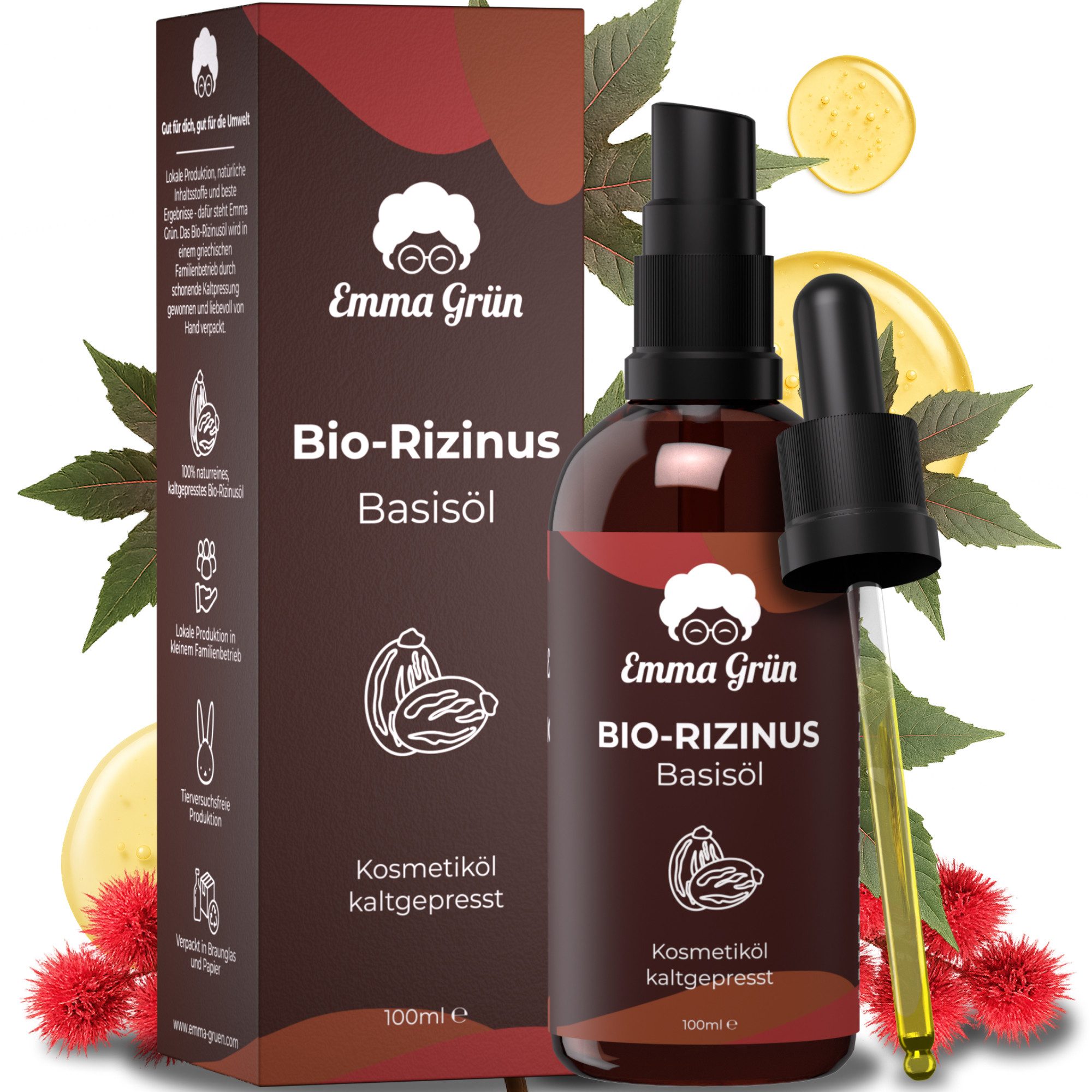 Emma Grün Körperöl Rizinus Öl Kaltgepresst 100ml [100% REIN], ‎Kaltgepresst, Unraffiniert, Hexanfrei
