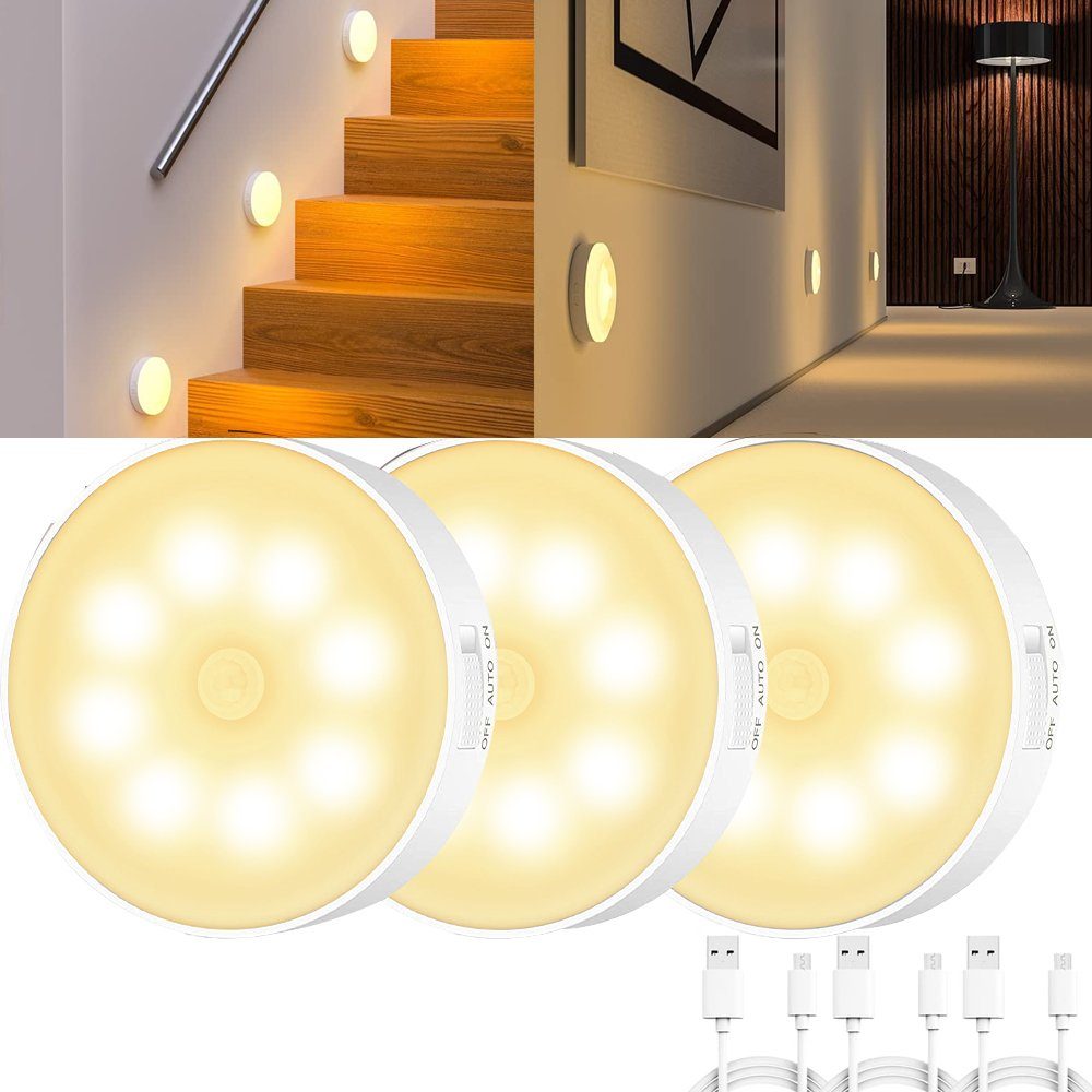 LED-Nachtlicht, magnetische Indoor-Bewegungsmelderlampe mit freien Klebepads,  kleben Sie überall, USB-wiederaufladbare drahtlose Sensor-, Warmweiß  2er-Pack