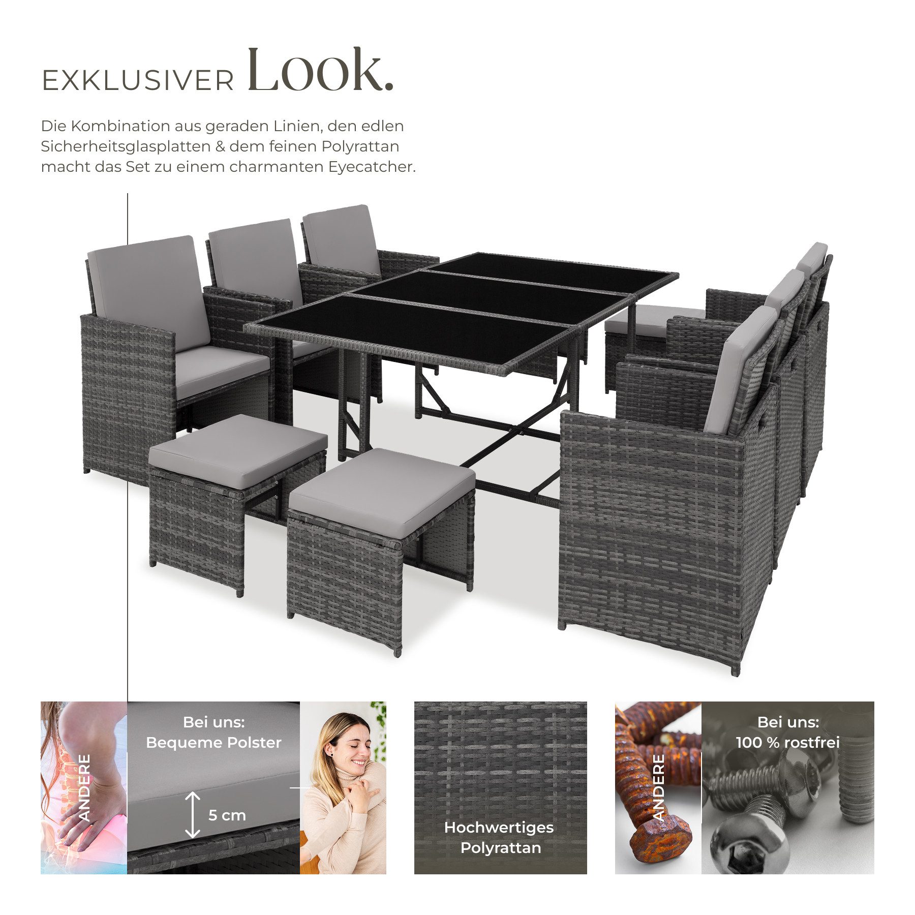 tectake Sitzgruppe Rattan-Gartenlounge für 6 bis 10 Personen, Inkl. Schutzhülle, (Loungeset Malaga, 12-tlg., für Außen in Grau), widerstandsfähig, UV-beständig, mit Sicherheitsglasplatten