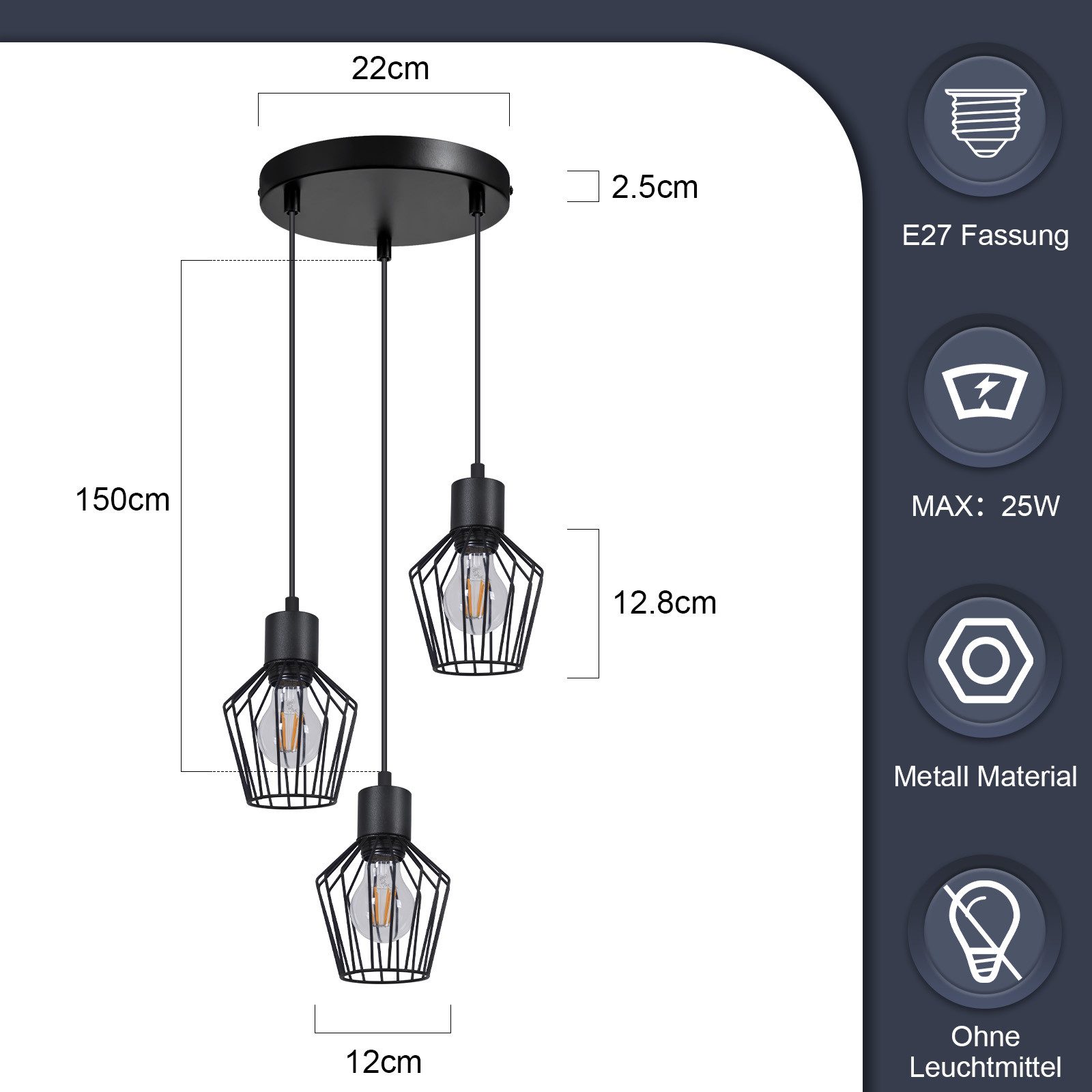 Nettlife Pendelleuchte Retro Schwarz Esstisch E27 Metall Industrie Stil Hängelampe, ohne Leuchtmittel, Wohnzimmer Küche Schlafzimmer Cafe – Bild 4 von 5