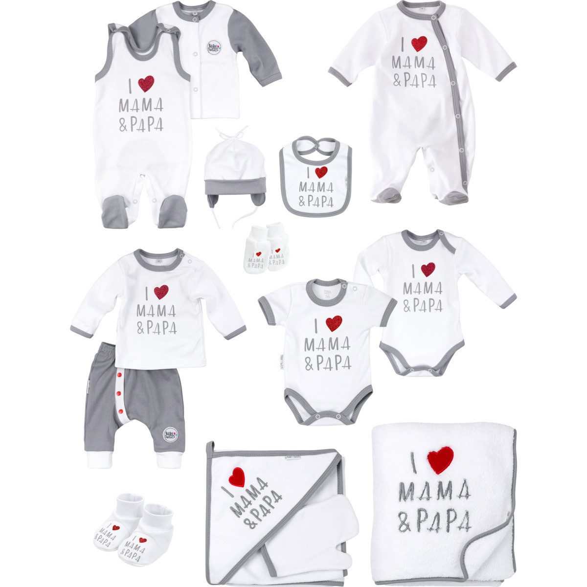 Baby Sweets Erstausstattungspaket I love Mama & Papa Unisex Kinder (Set, 14-tlg., 14) Baby Erstausstattung Paket, Erstausstattungsset Baby, Neugeborene Set
