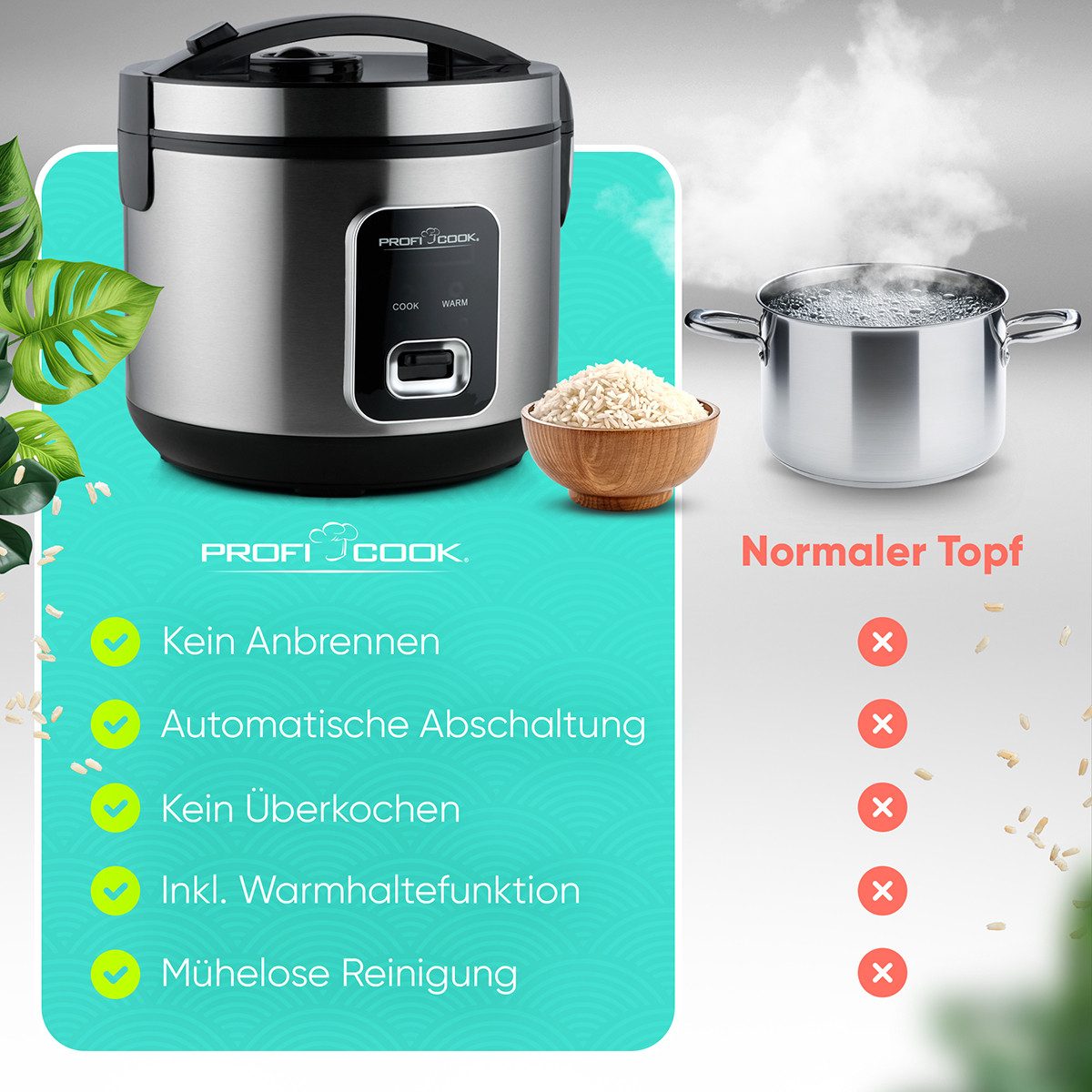 ProfiCook Reiskocher PC-RK 1285, Reiskocher für 3kg Reis, schnell & ohne Anbrennen
