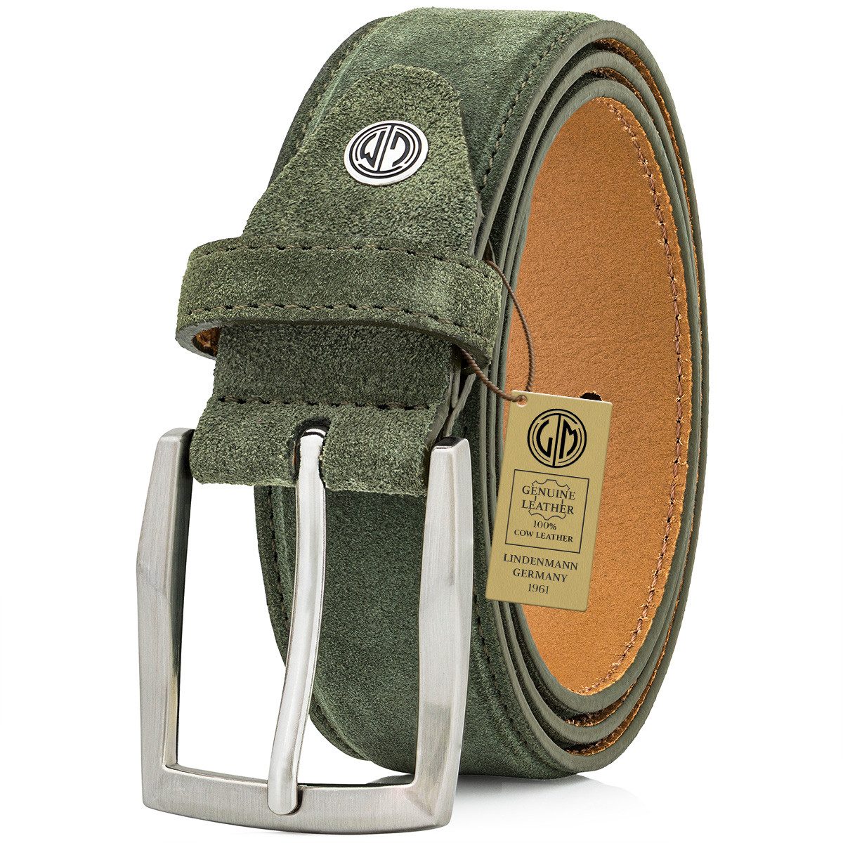 LINDENMANN Ledergürtel Herren Veloursleder 35 mm Olive, weiches Echtleder, nickelfrei