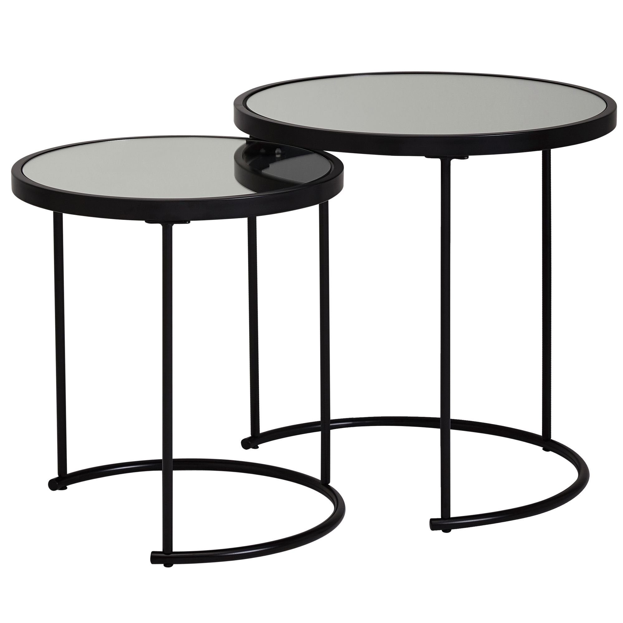 Wohnling Beistelltisch WL5.985 (Rund Ø 50/42 cm - 2 teilig Schwarz mit Glasplatte), Wohnzimmertisch 2er Set, Satztisch Verspiegelt