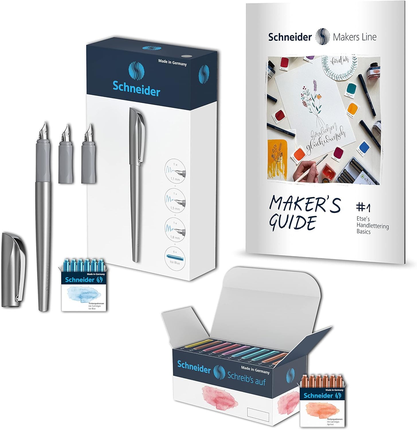 Schneider Kalligraphie-Stift Callissima Geschenkset, 3 Federbreiten 66 Patronen inkl. Guidebook