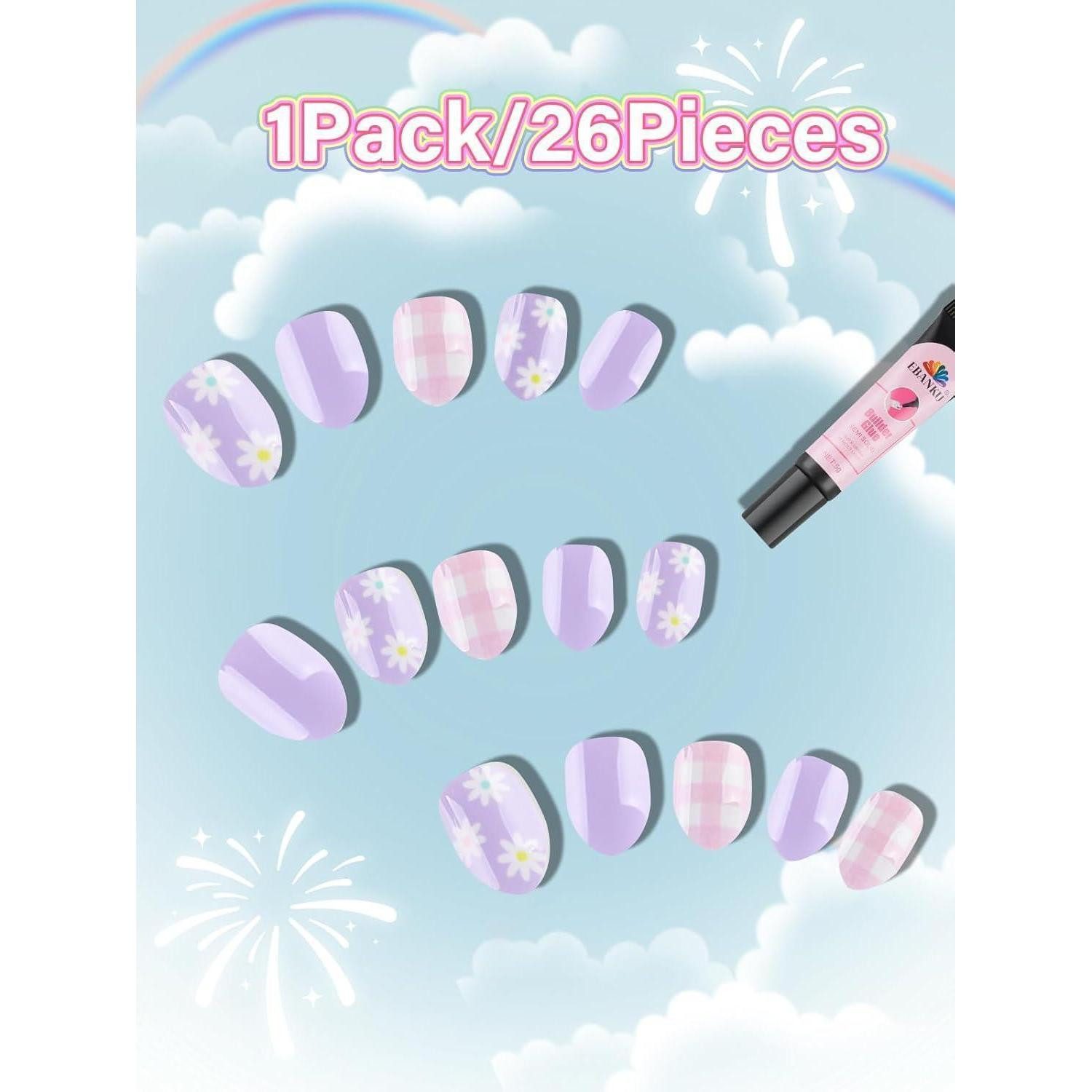 LuxusKollektion Kunstfingernägel Falsche Nägel Kinder 24 Stück Kurz Violett Blume Lila Blume